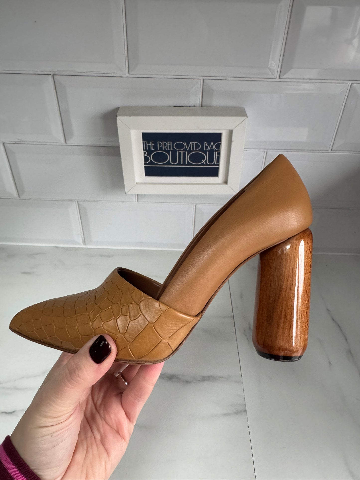 Mulberry Croc Nappa Leather Wooden Heels - Camel