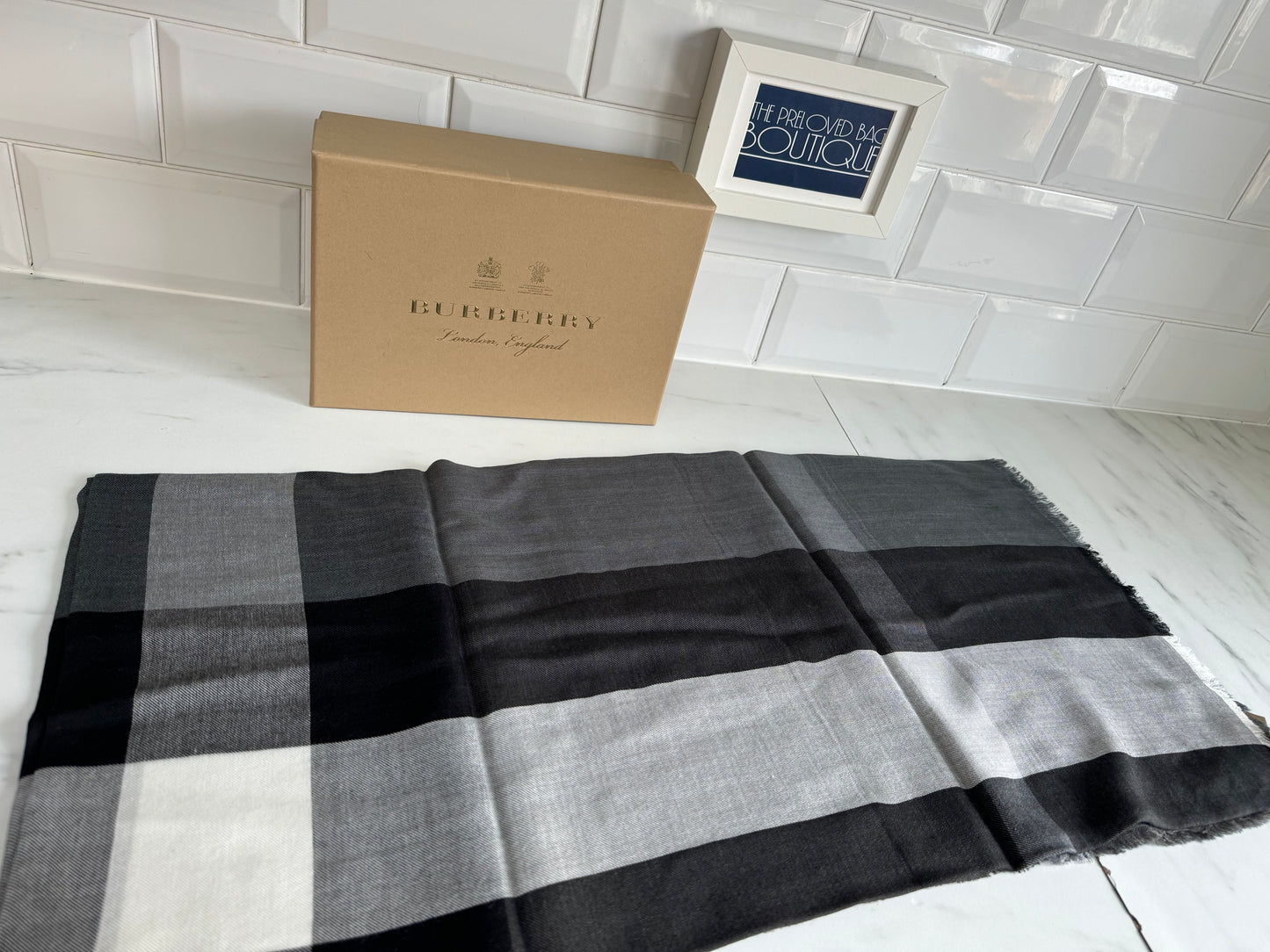 Burberry Scarf/Shawl - White, Black & Grey