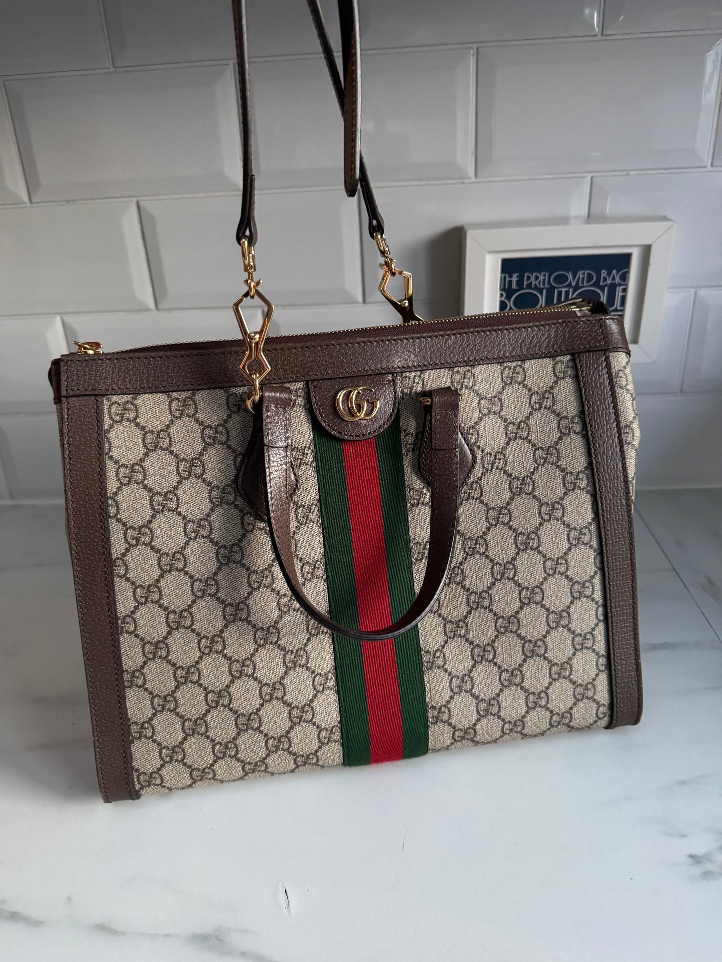 Gucci Medium Ophidia Tote - Brown, Green, Red, Grey