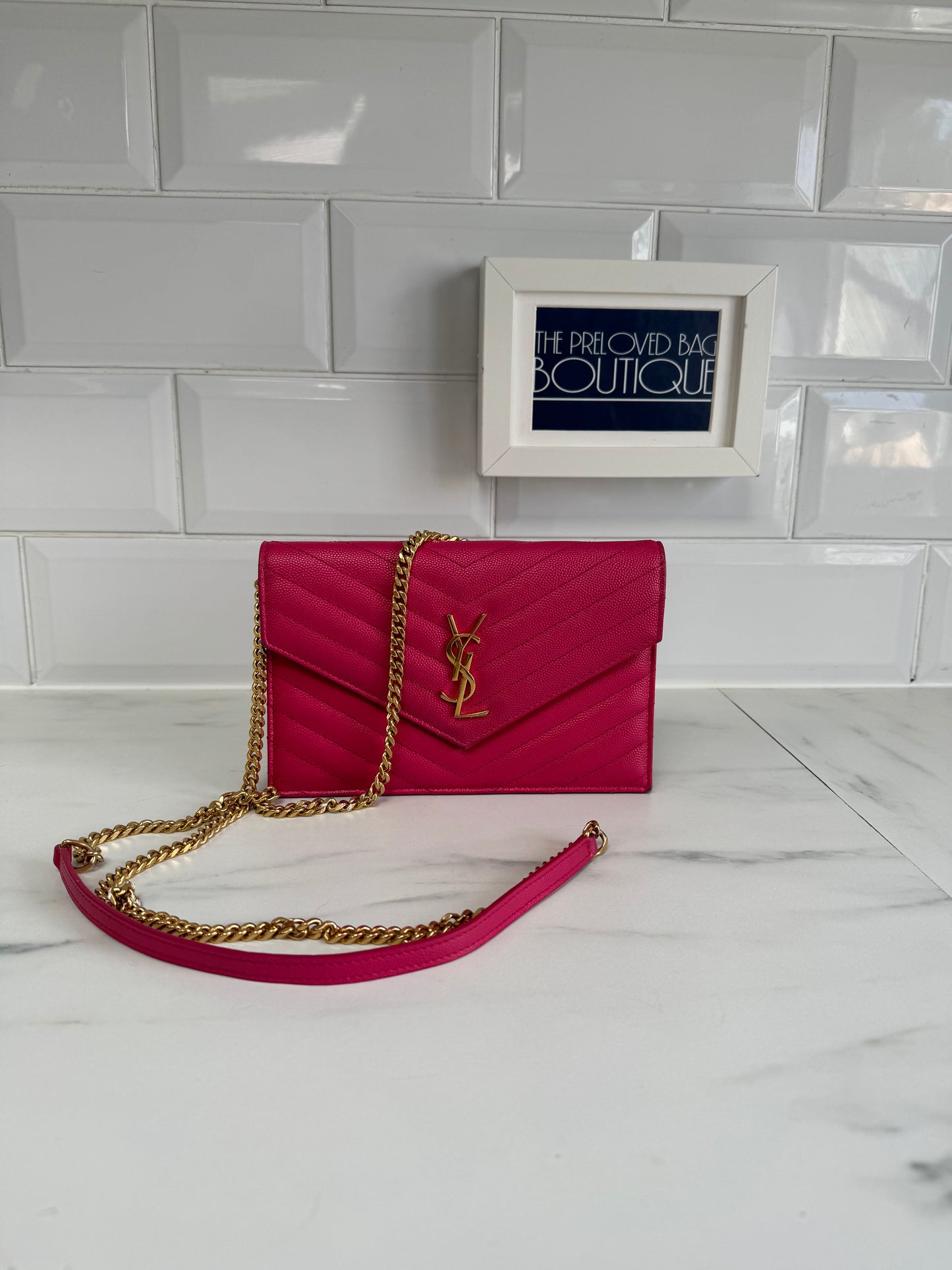 YSL/Saint Laurent Paris Cassandre Envelope Chain Wallet - Fuschia Pink