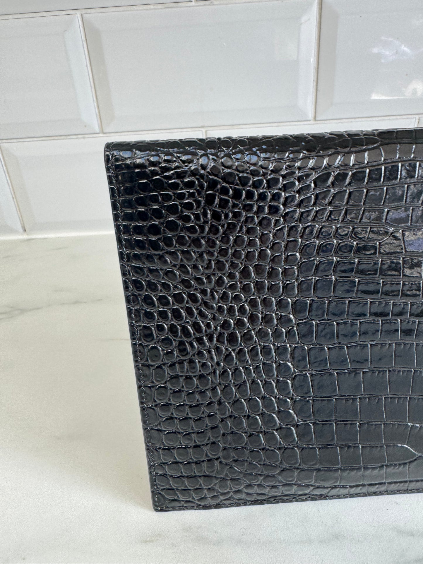 Saint Laurent (YSL) Croc Embossed Uptown Envelope Pouch - Black