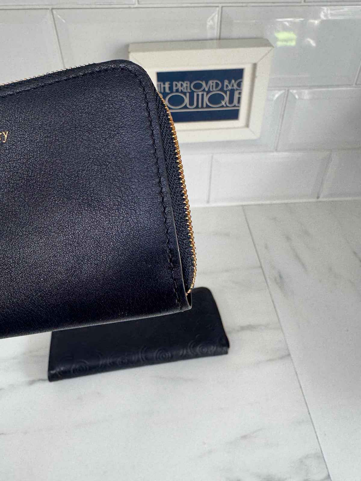 Mulberry Flower Embossed Long Zip around Purse and Card Holder - Navy Blue