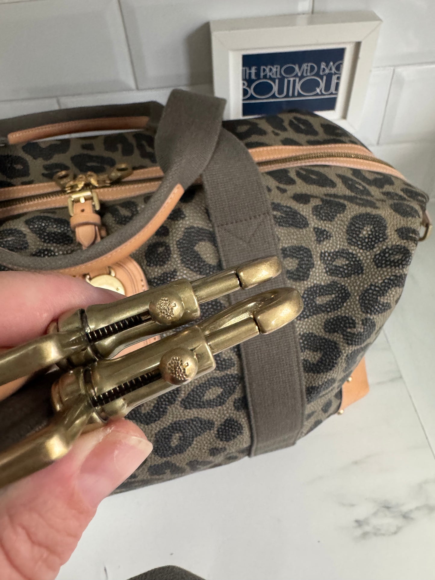 Mulberry Limited Edition Scotchgrain Birds Nest Large Clipper Holdall - Olive Green and Black Leopard Print