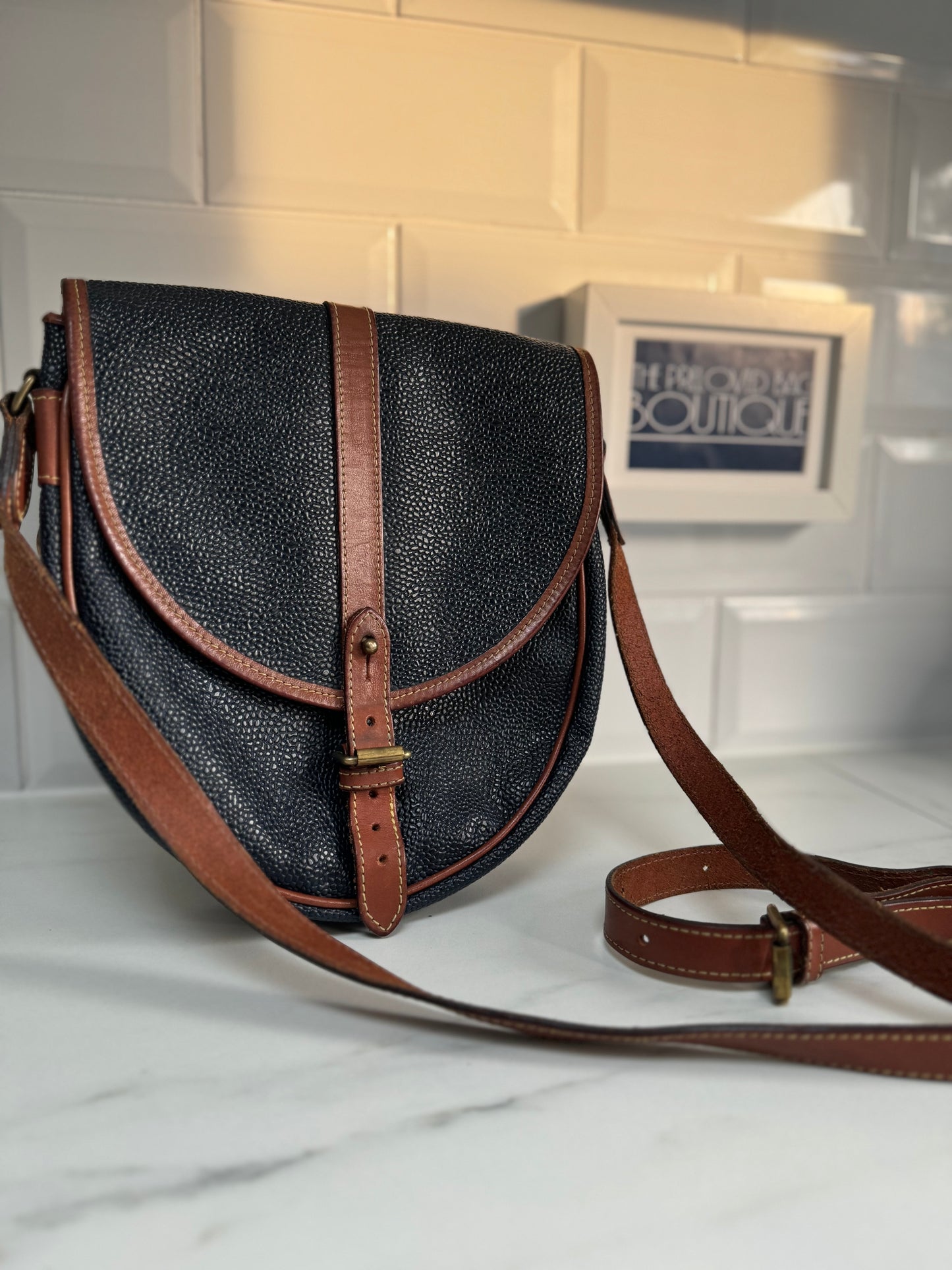 Mulberry Vintage Scotchgrain Saddle Bag - Black & Cognac