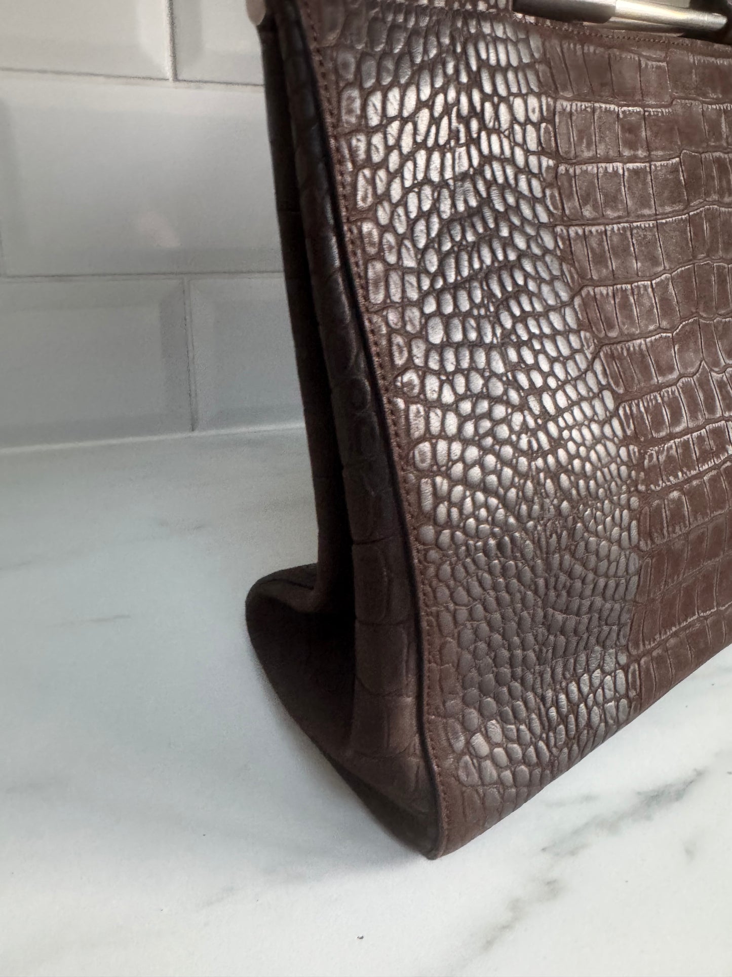 Salvatore Ferragamo Croc Embossed Tote - Chocolate brown