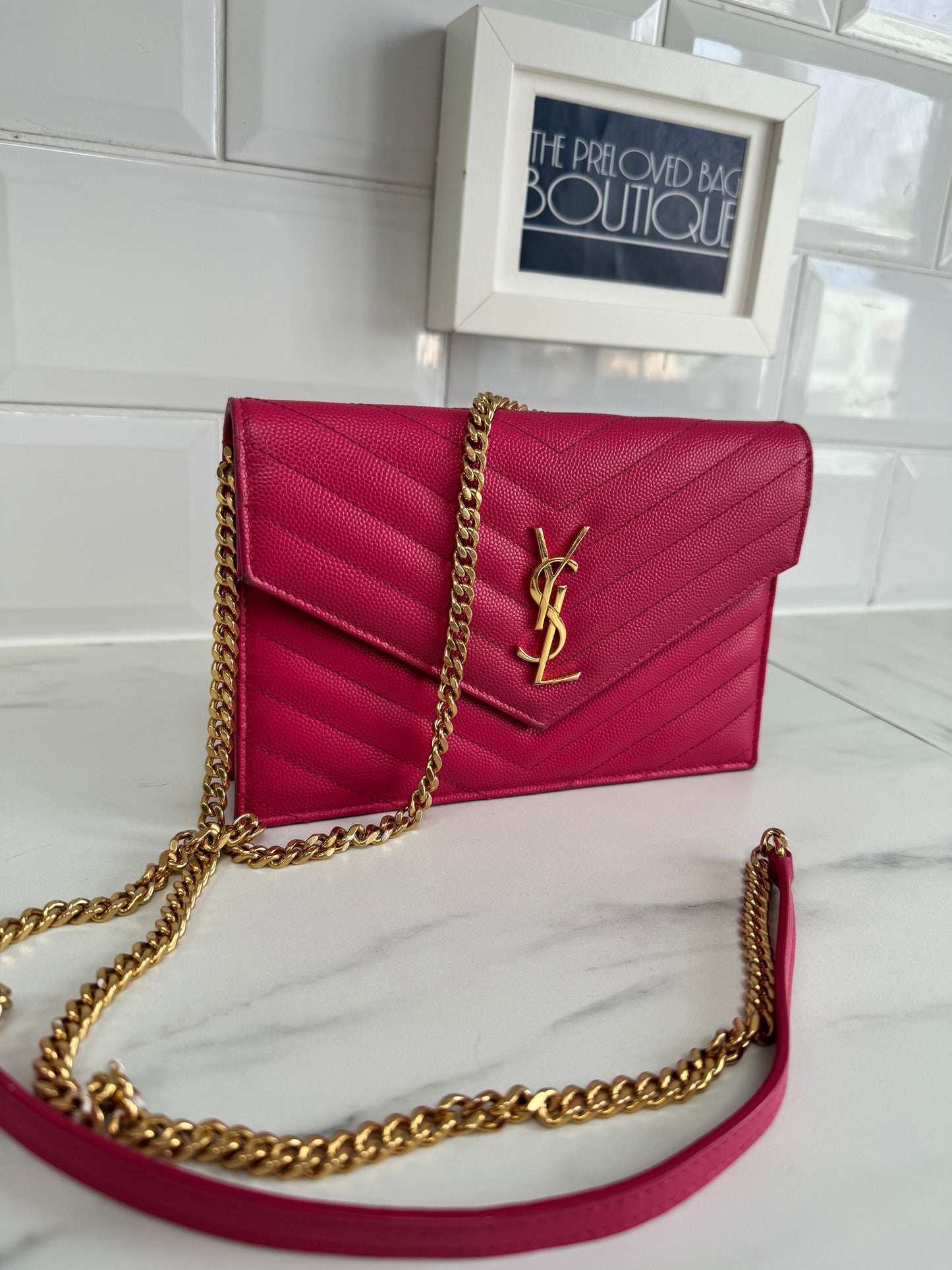 YSL/Saint Laurent Paris Cassandre Envelope Chain Wallet - Fuschia Pink