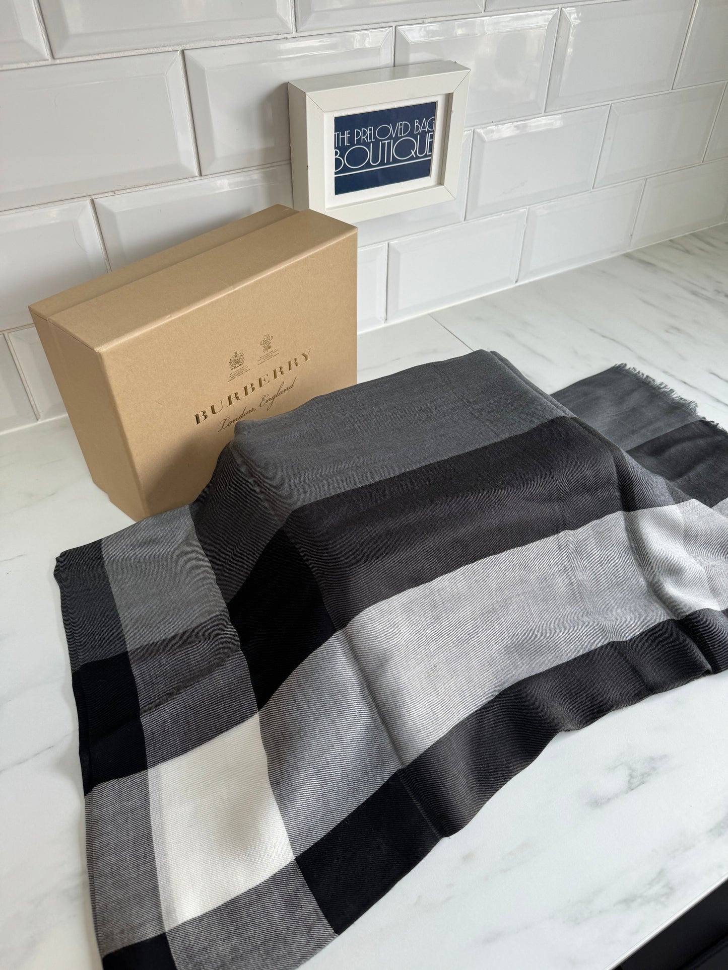 Burberry Scarf/Shawl - White, Black & Grey