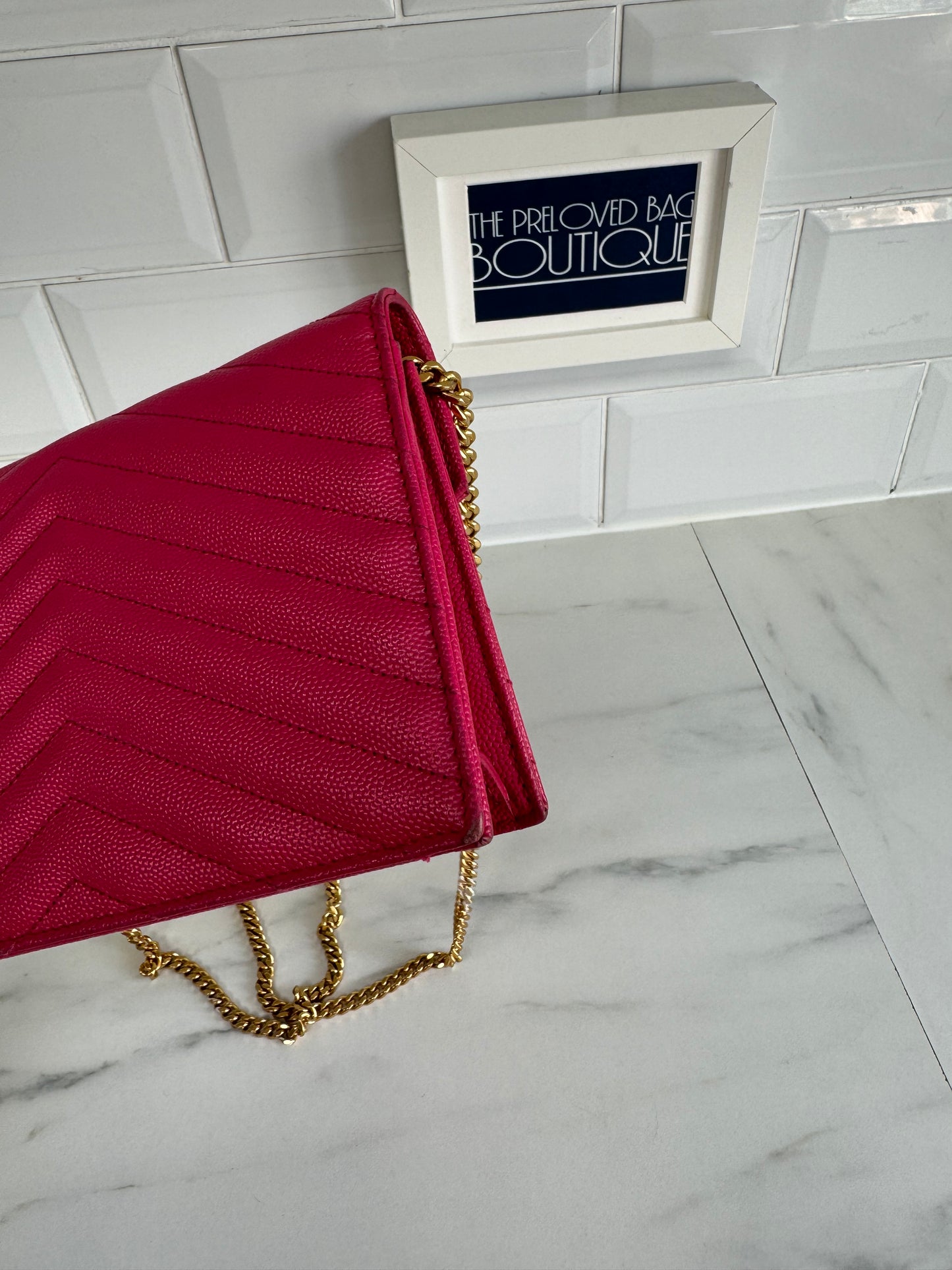 YSL/Saint Laurent Paris Cassandre Envelope Chain Wallet - Fuschia Pink