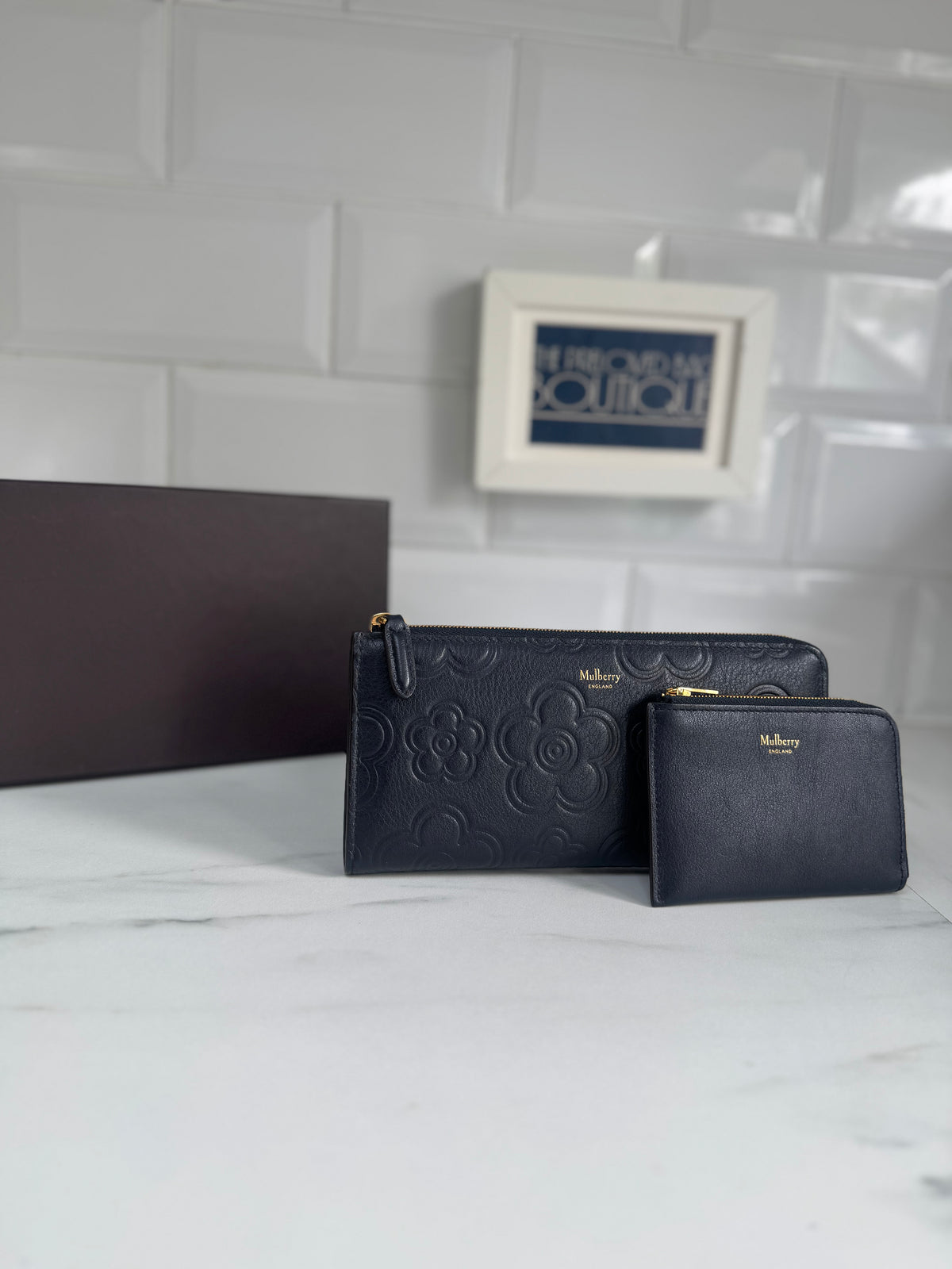 Mulberry Flower Embossed Long Zip around Purse and Card Holder - Navy Blue