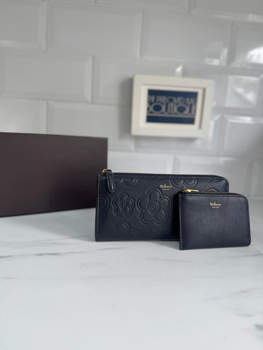 Mulberry Flower Embossed Long Zip around Purse and Card Holder - Navy Blue