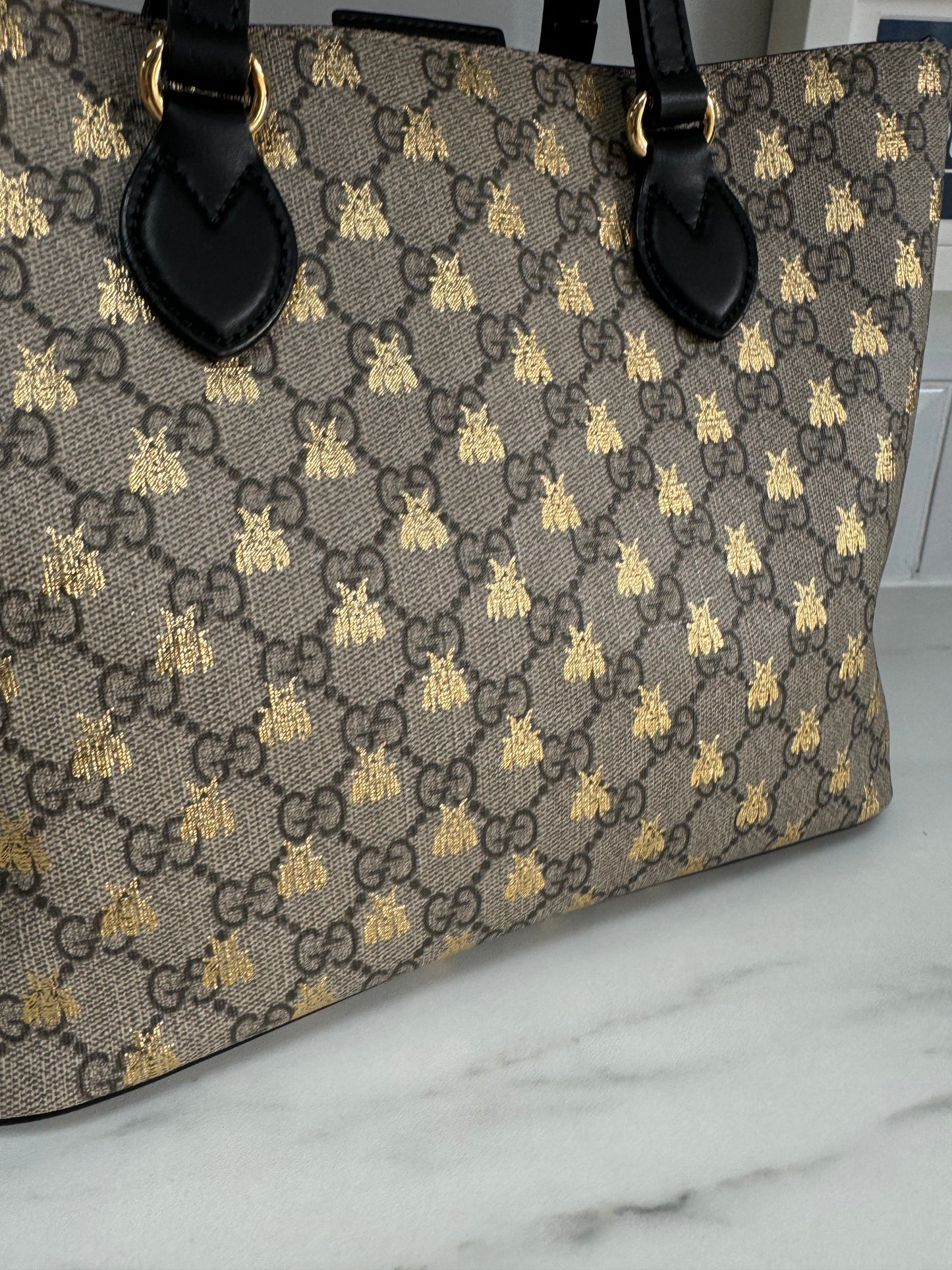 Gucci Limited Edition GGMonogram Supreme Bees Tote - Brown & Gold