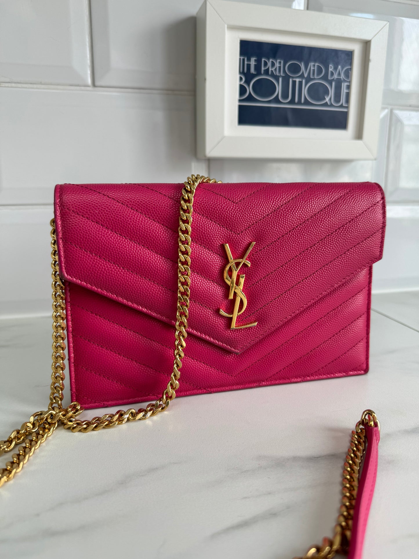 YSL/Saint Laurent Paris Cassandre Envelope Chain Wallet - Fuschia Pink