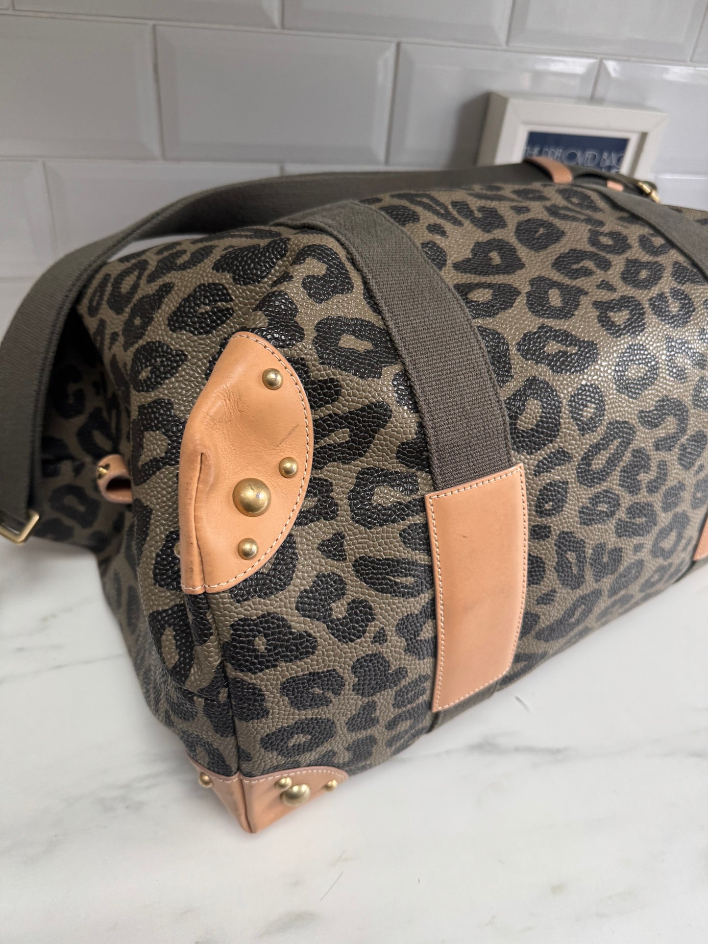 Mulberry Limited Edition Scotchgrain Birds Nest Large Clipper Holdall - Olive Green and Black Leopard Print