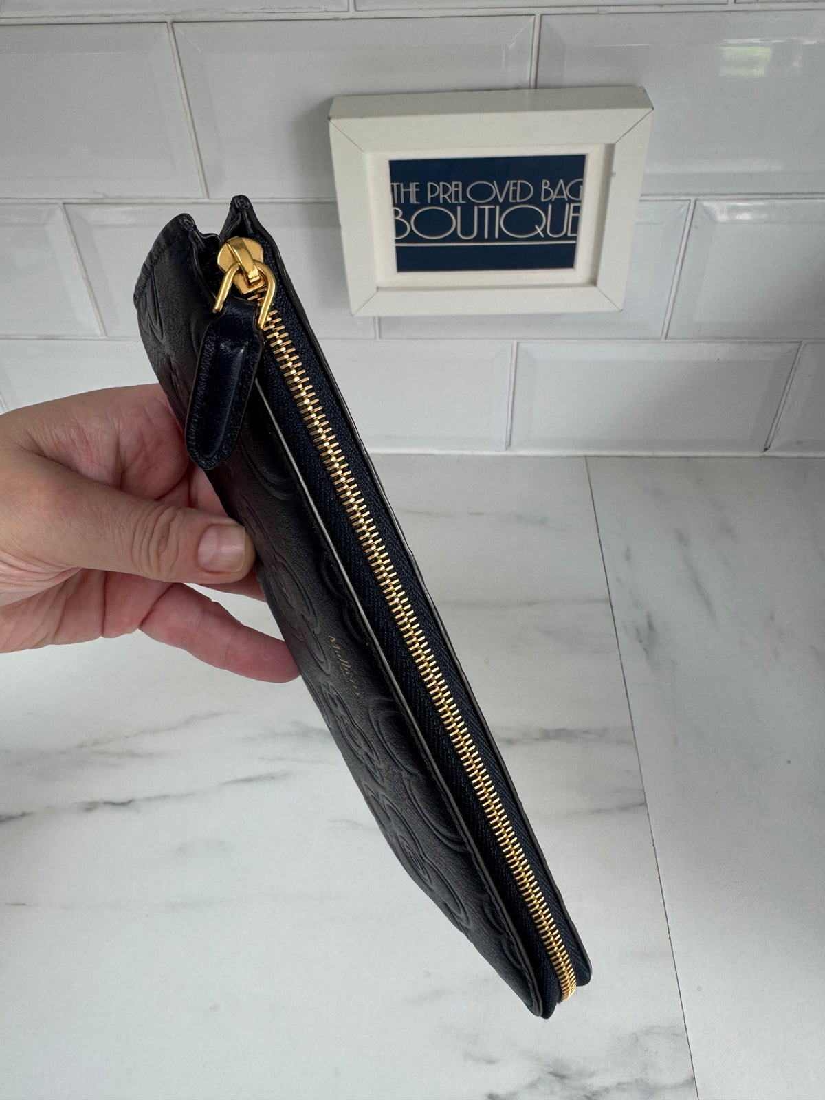 Mulberry Flower Embossed Long Zip around Purse and Card Holder - Navy Blue