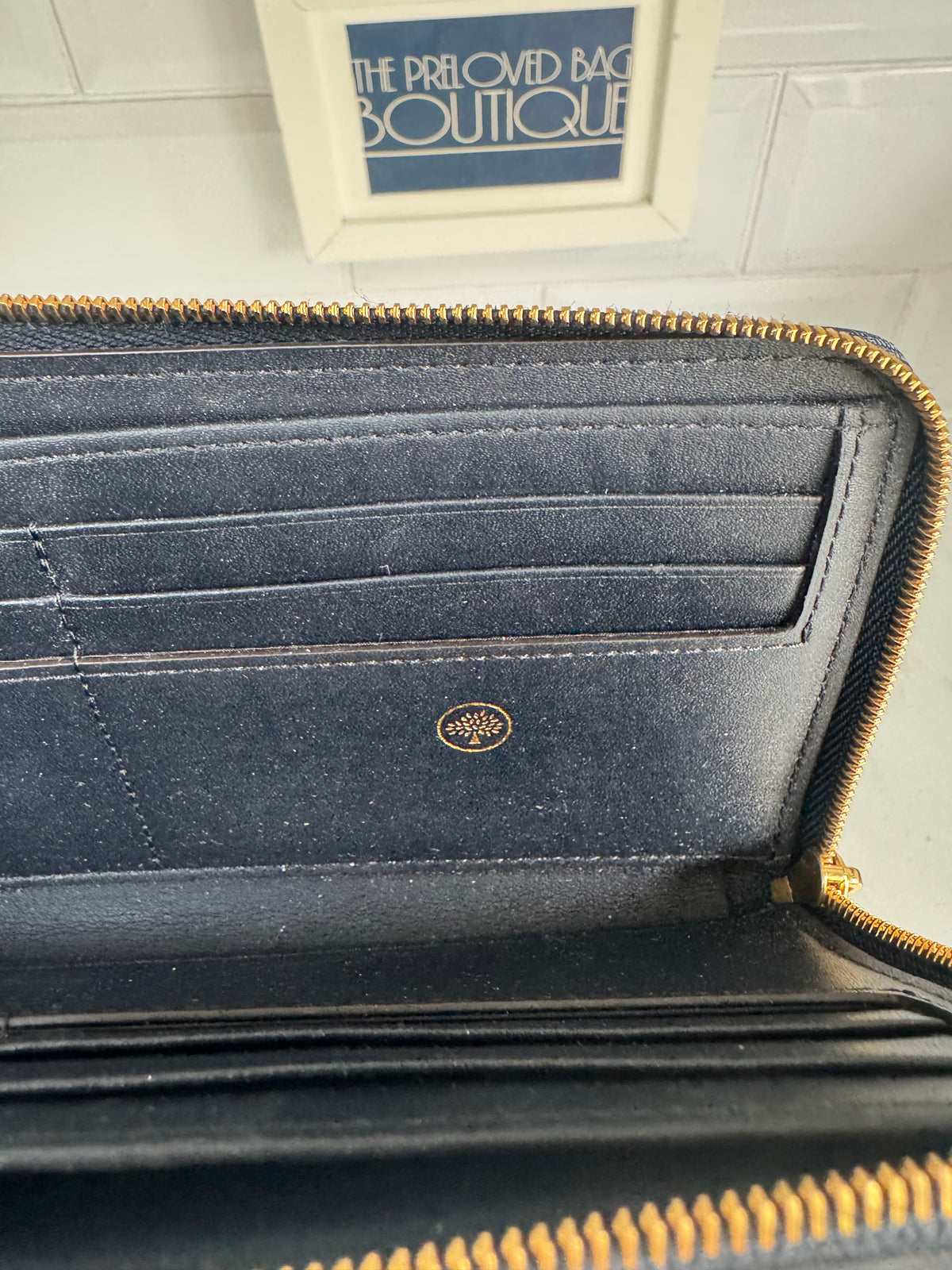 Mulberry Flower Embossed Long Zip around Purse and Card Holder - Navy Blue