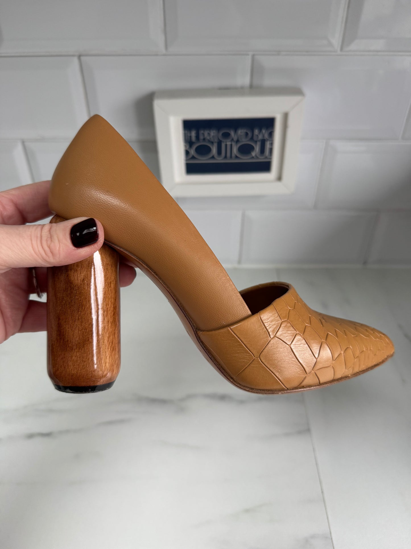 Mulberry Croc Nappa Leather Wooden Heels - Camel