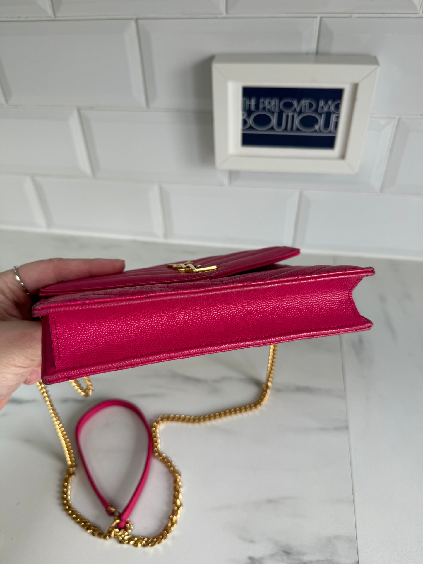 YSL/Saint Laurent Paris Cassandre Envelope Chain Wallet - Fuschia Pink