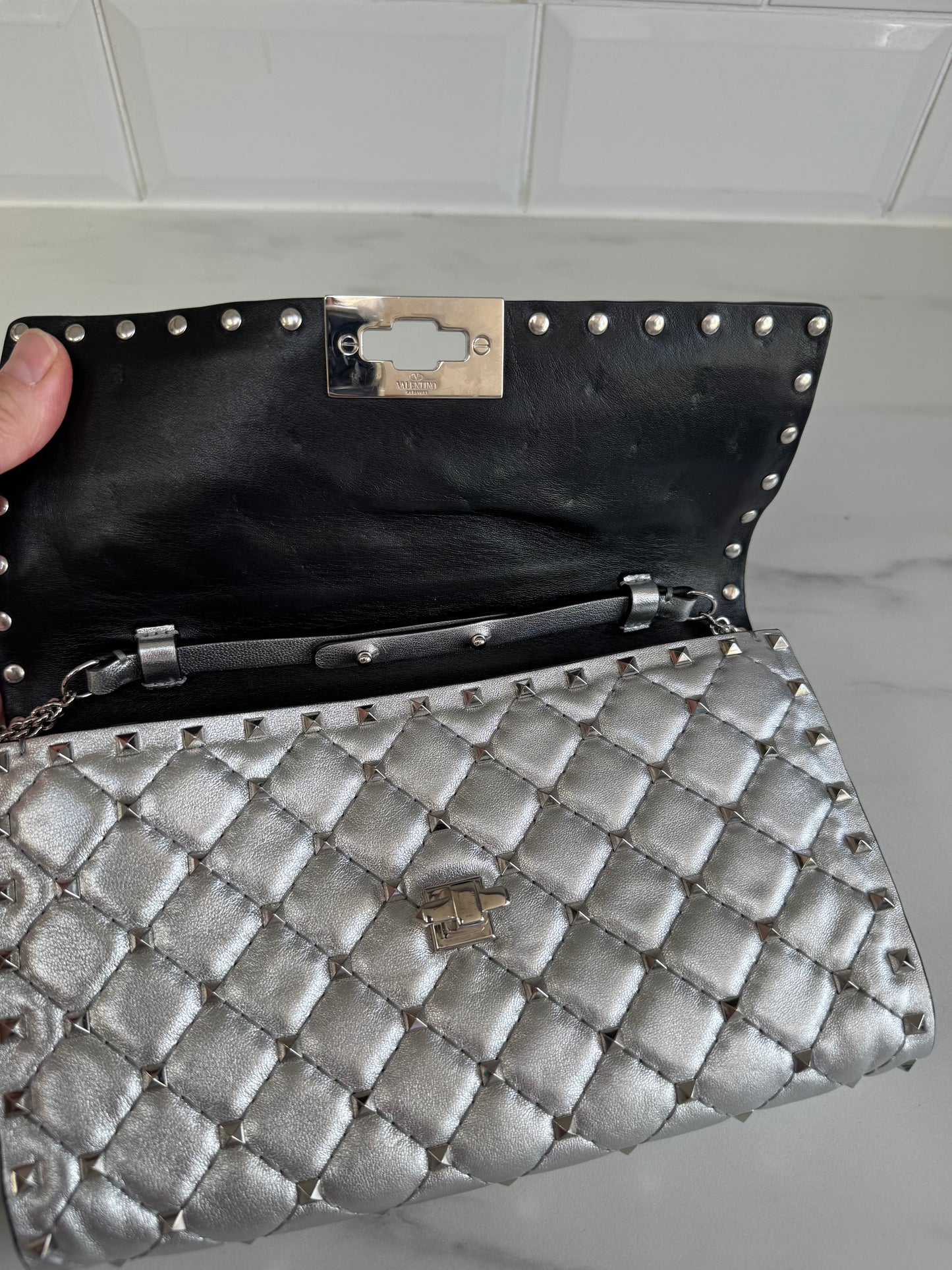 Valentino Garavanni Rockstud Spike Clutch - Metallic Silver