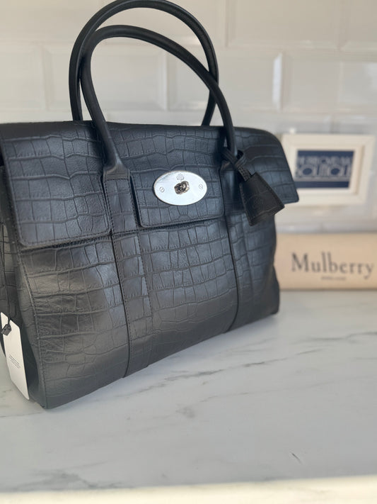 Mulberry Matte Croc Embossed Bayswater - Black