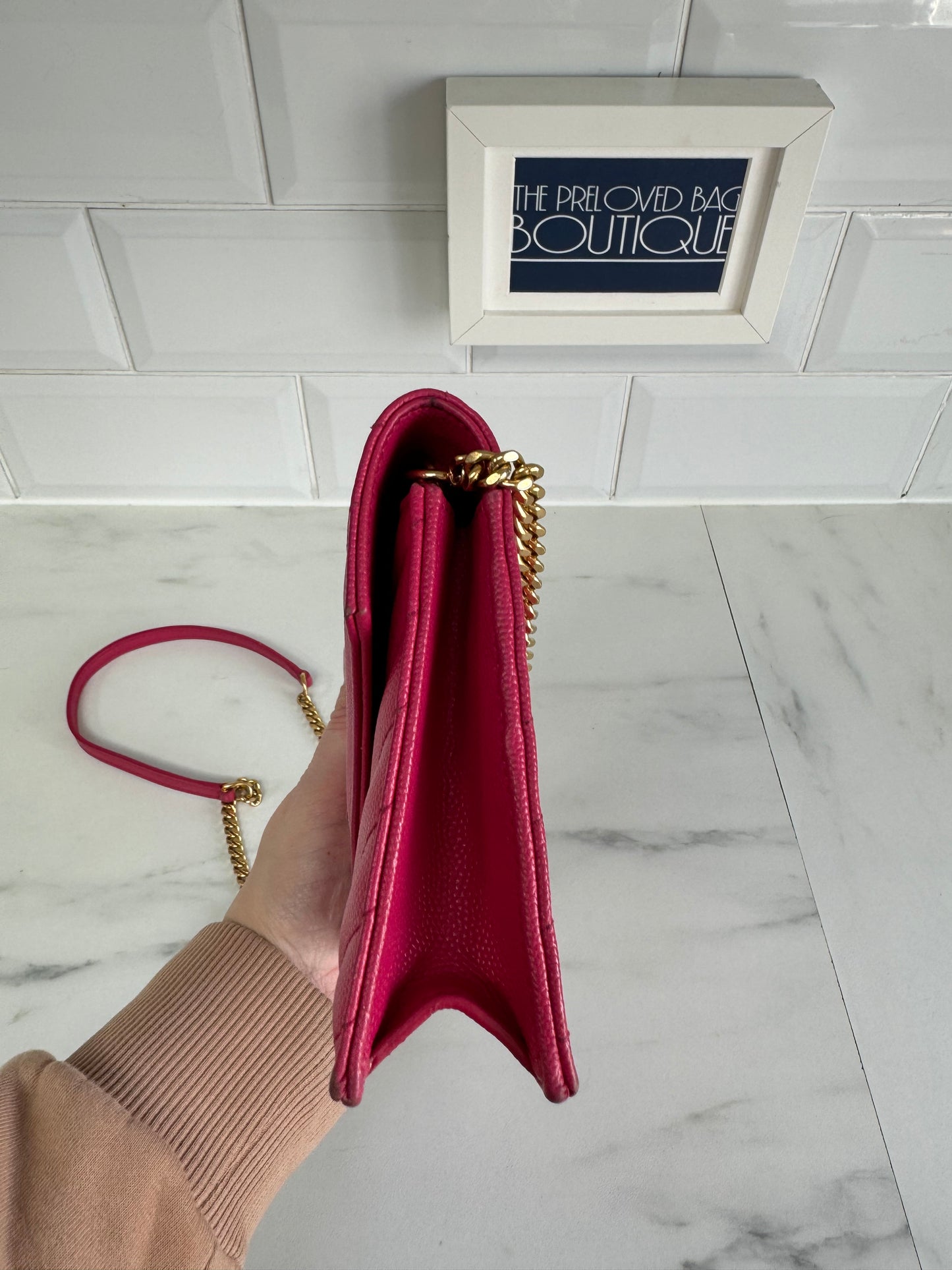 YSL/Saint Laurent Paris Cassandre Envelope Chain Wallet - Fuschia Pink