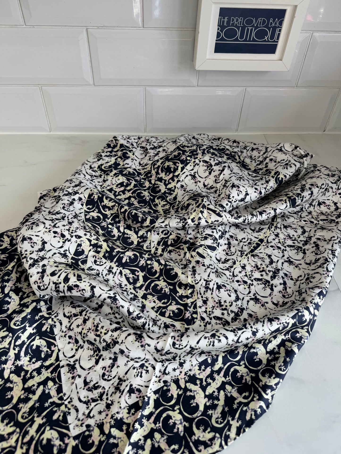 Mulberry Limited Edition Silk Square Scarf Gecko Print - Blue, Cream, Pink