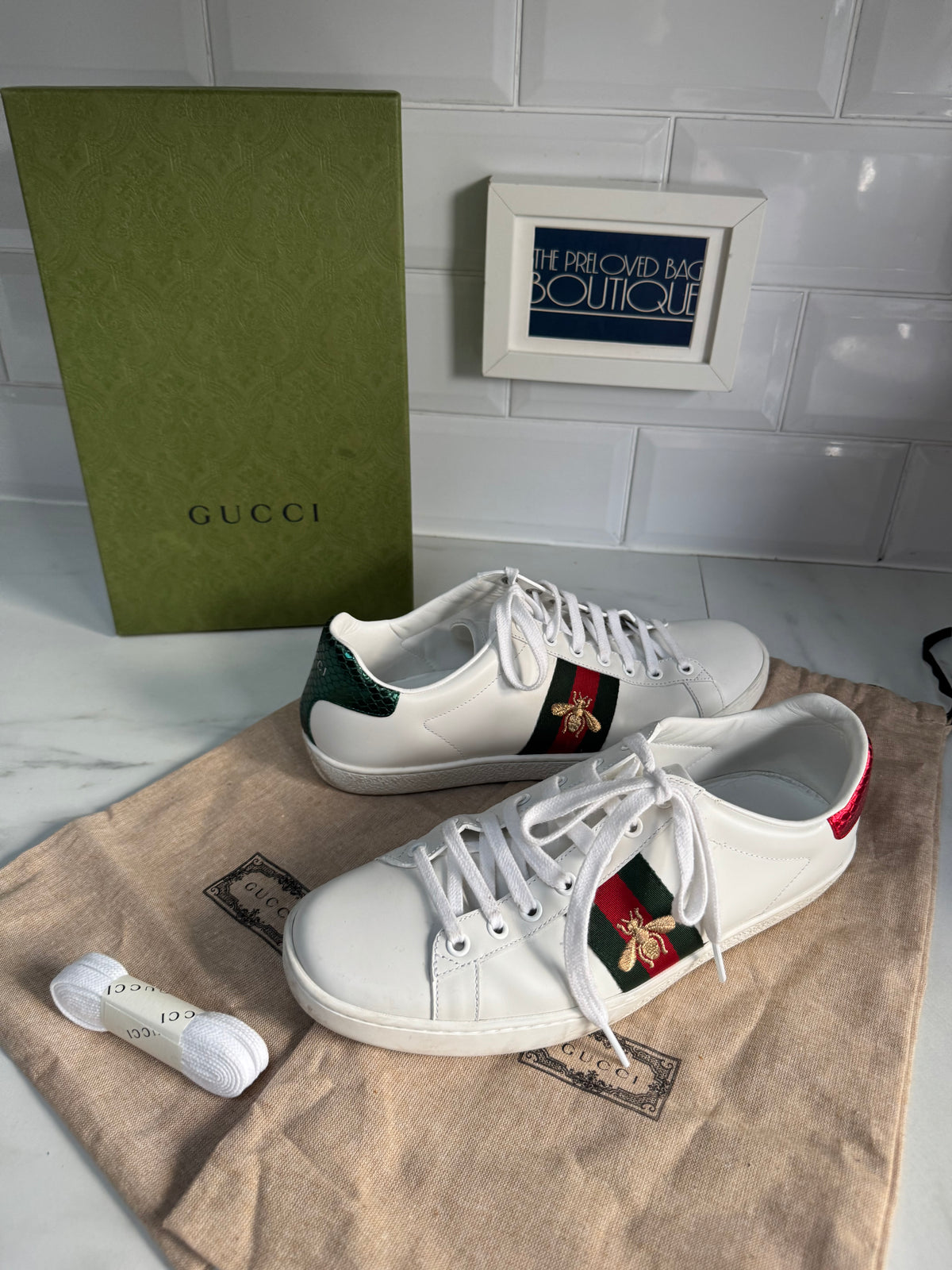Gucci Ace Bee Trainers - White, Green & Red