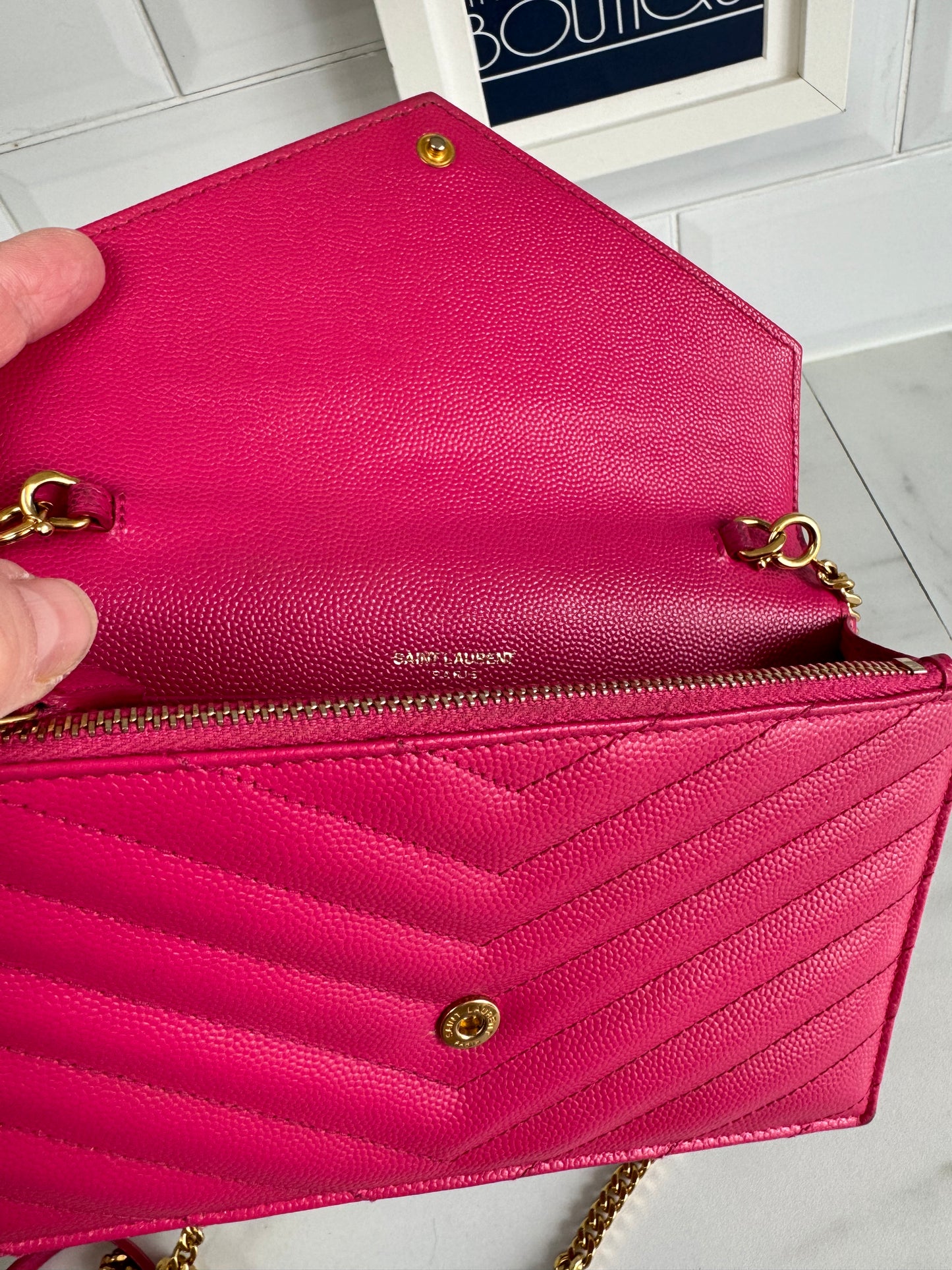 YSL/Saint Laurent Paris Cassandre Envelope Chain Wallet - Fuschia Pink