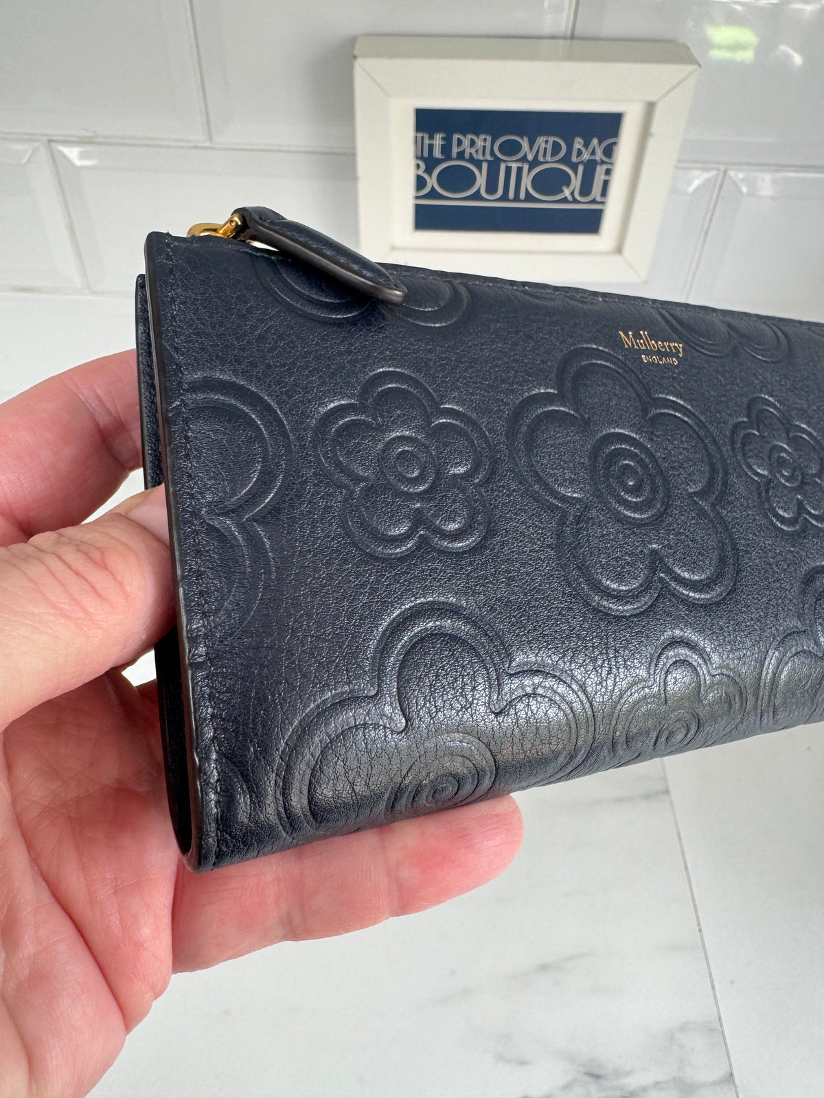 Mulberry Flower Embossed Long Zip around Purse and Card Holder - Navy Blue