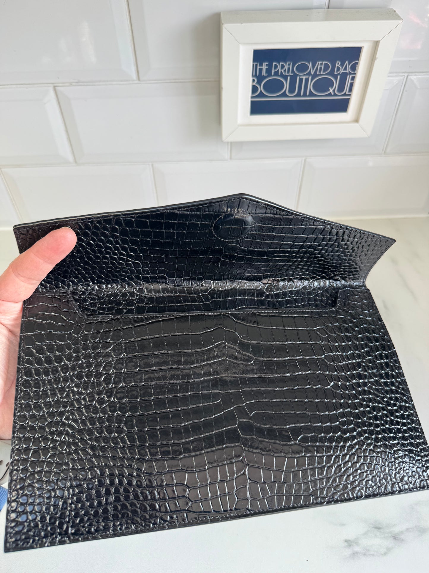 Saint Laurent (YSL) Croc Embossed Uptown Envelope Pouch - Black