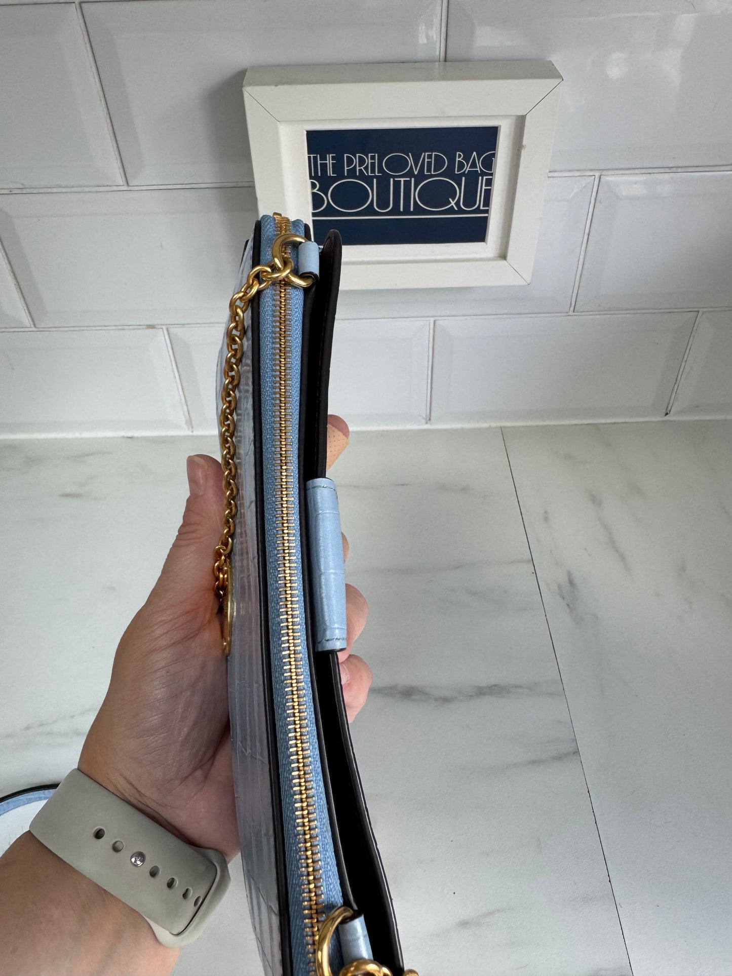Mulberry Plaque WOC (wallet on a chain) - Cornflower Blue croc embossed