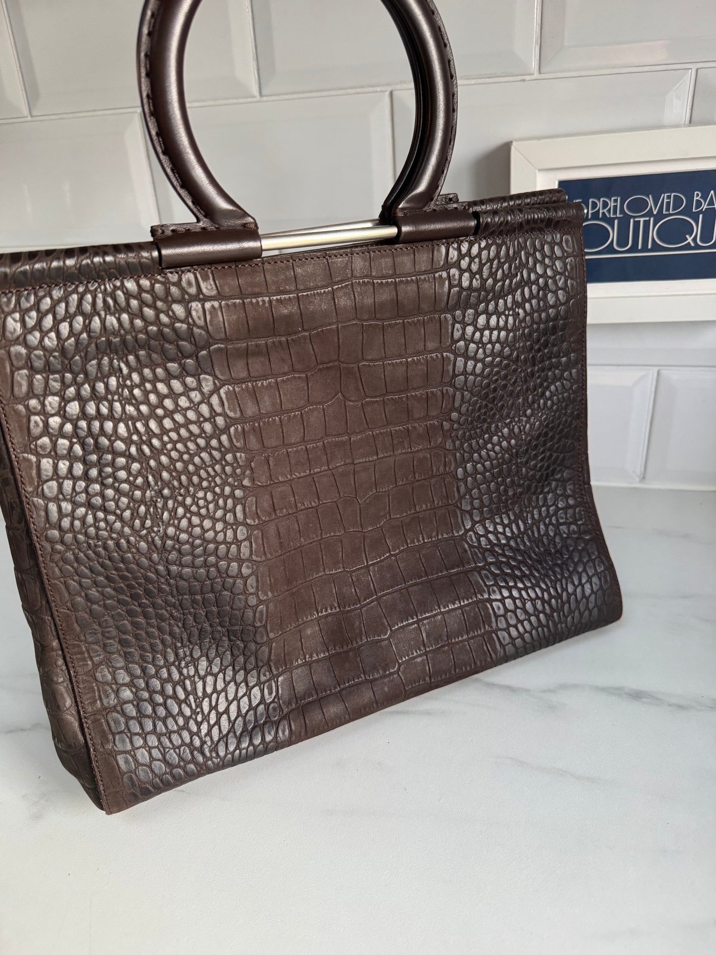 Salvatore Ferragamo Croc Embossed Tote - Chocolate brown