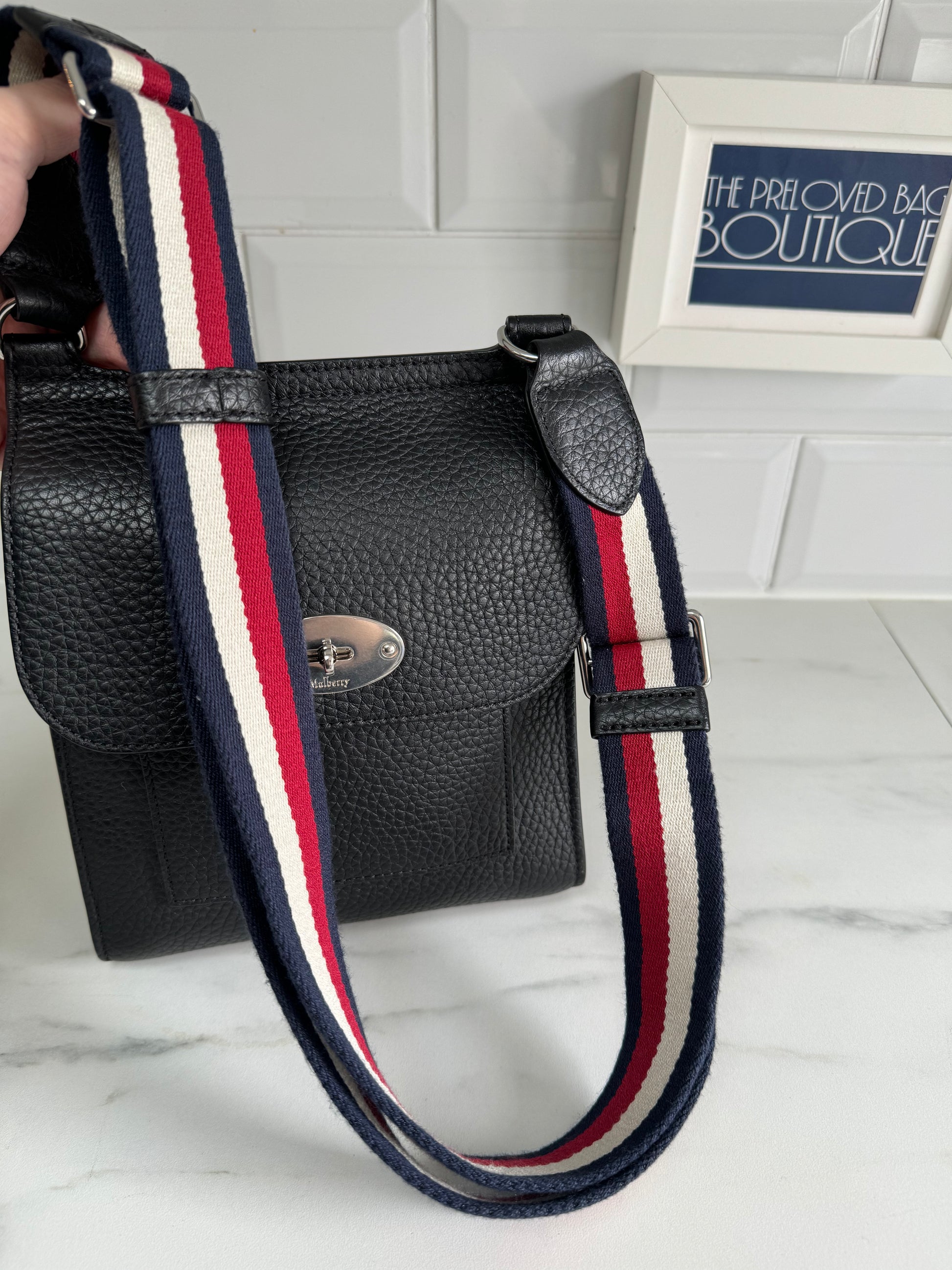 Mulberry Small Antony Black with Striped Strap The Preloved