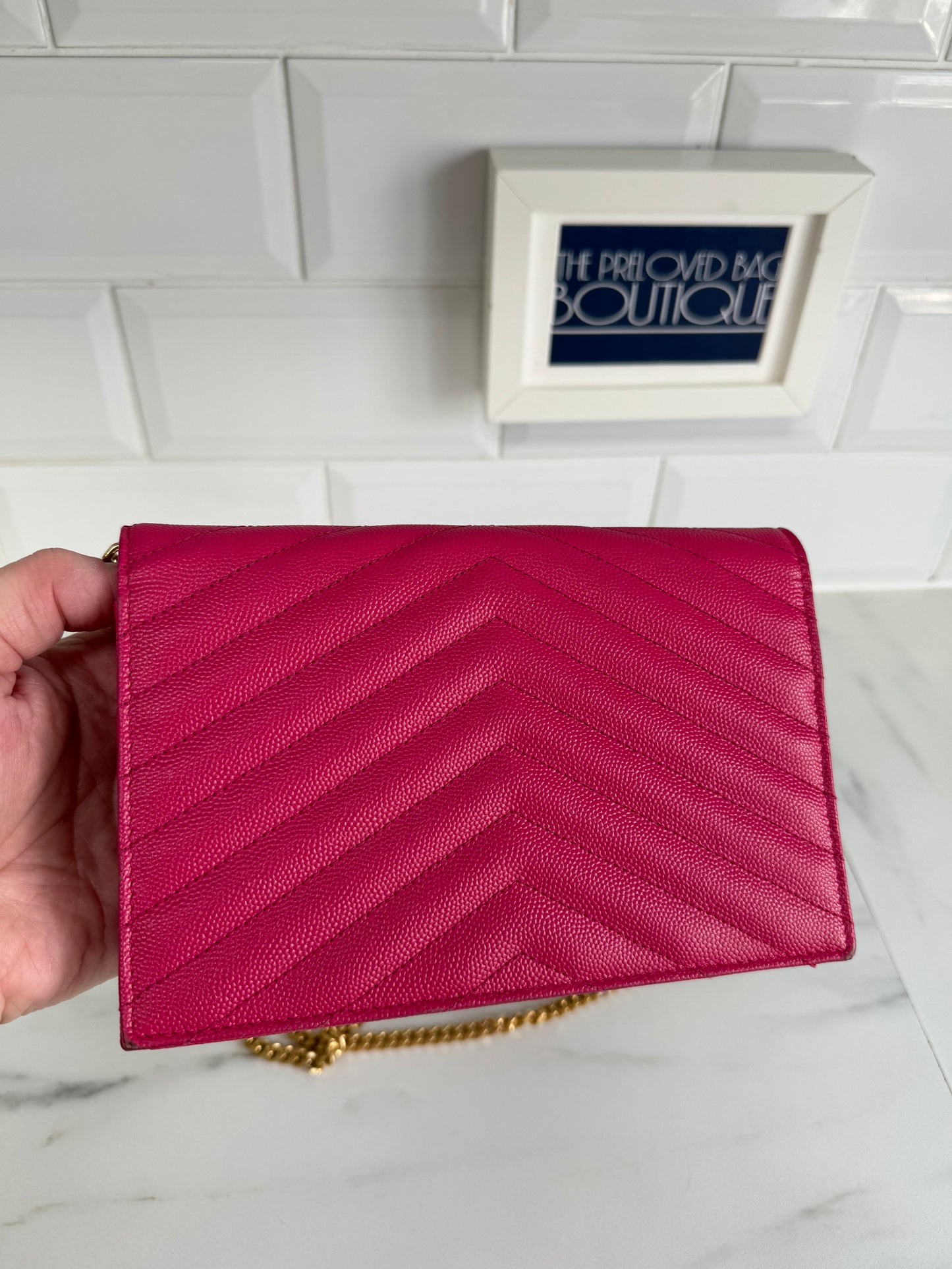 YSL/Saint Laurent Paris Cassandre Envelope Chain Wallet - Fuschia Pink