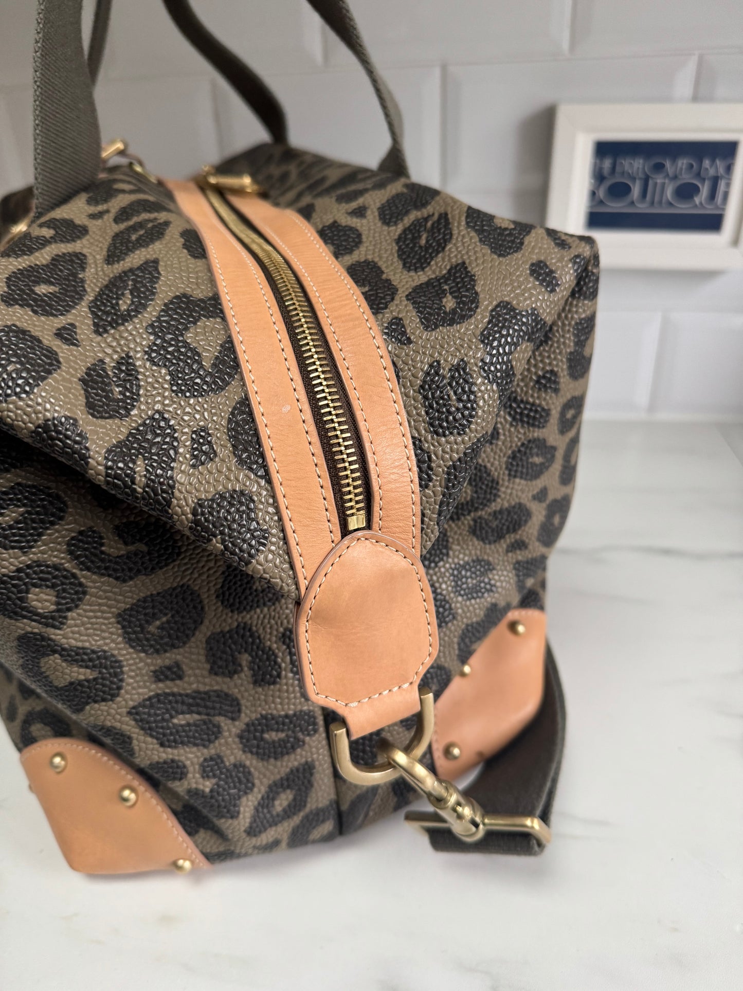 Mulberry Limited Edition Scotchgrain Birds Nest Large Clipper Holdall - Olive Green and Black Leopard Print