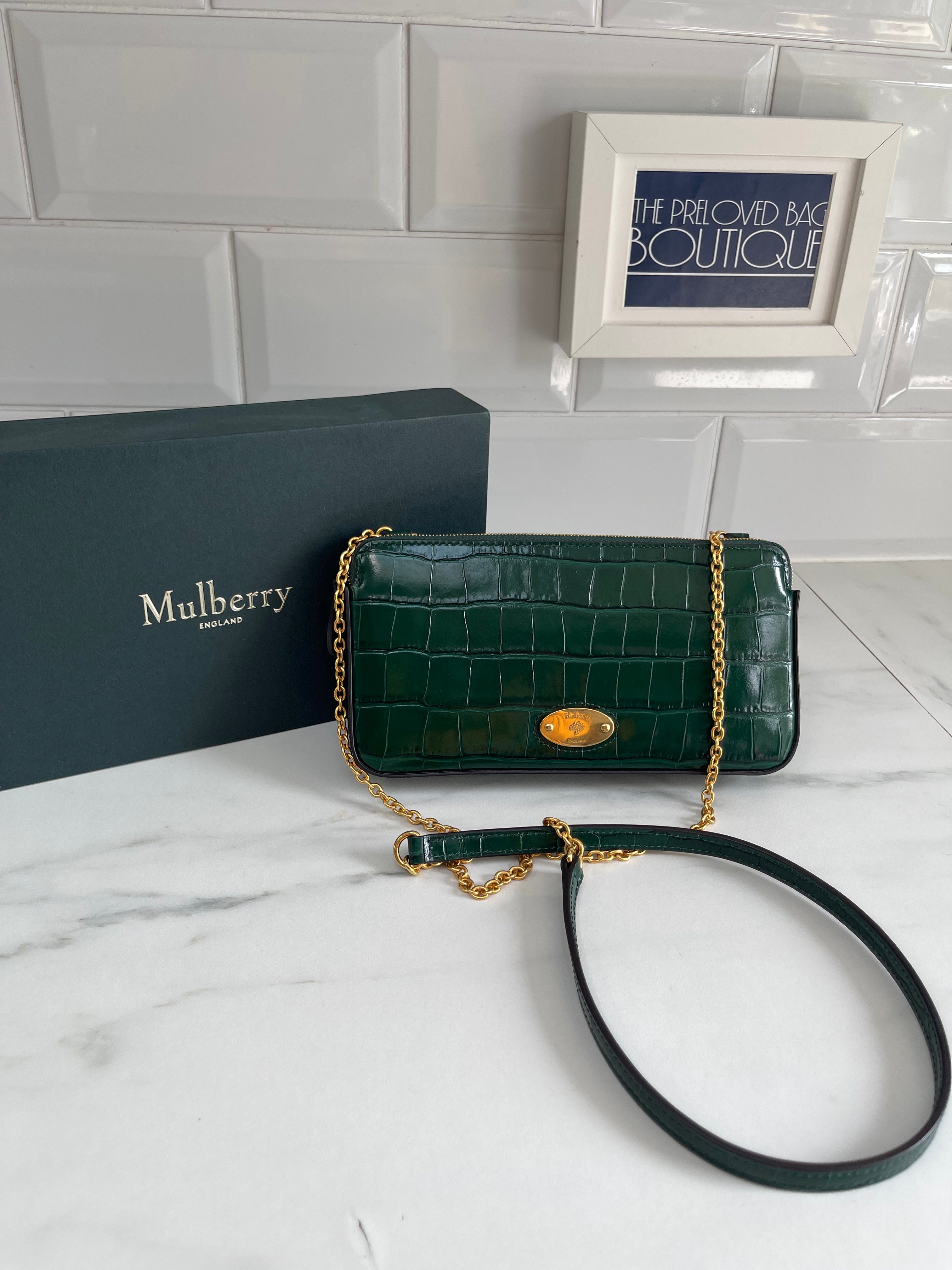 Mulberry Wallet on a Chain Croc Embossed Emerald Green