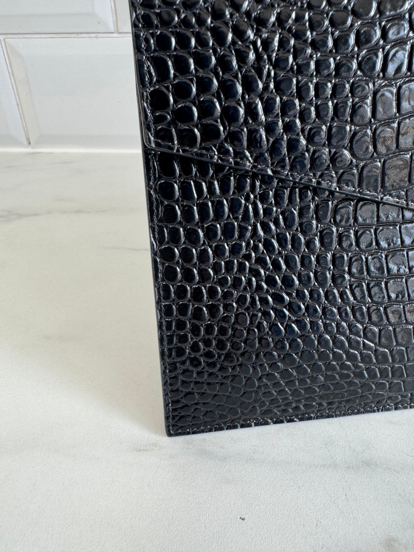 Saint Laurent (YSL) Croc Embossed Uptown Envelope Pouch - Black
