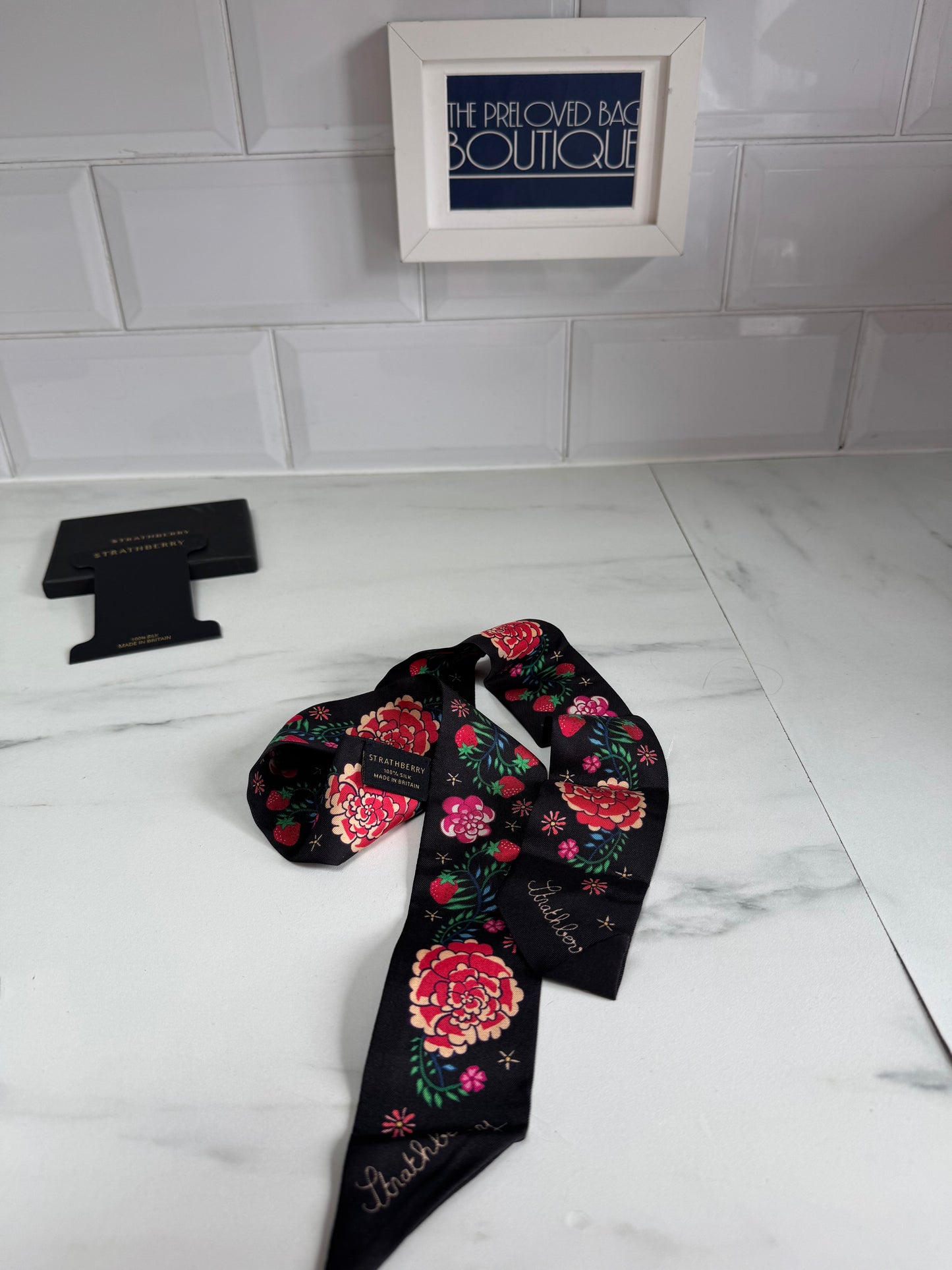 Strathberry Silk Scarf / Twilly - Black Floral