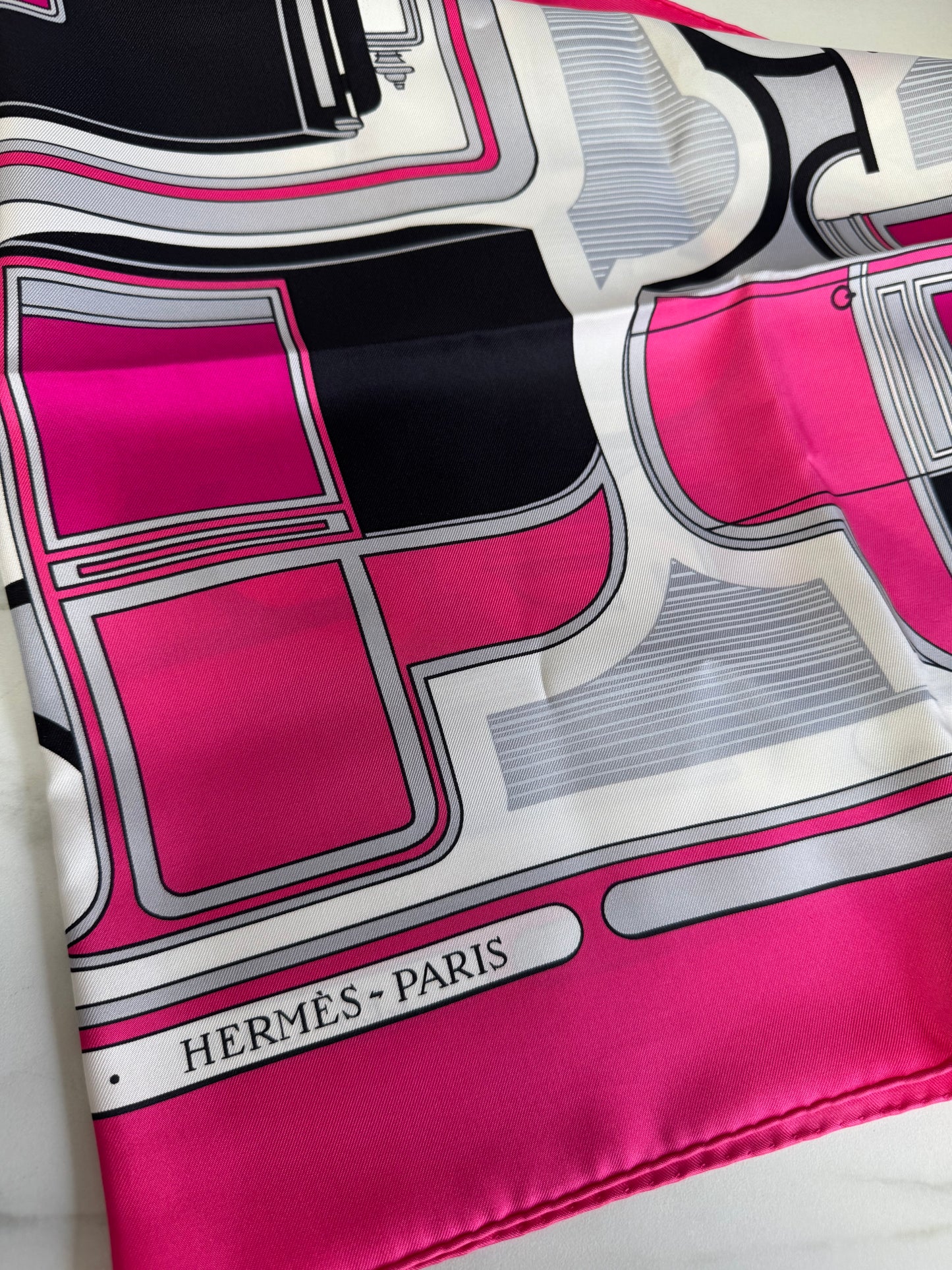 Hermes Les Coupes silk twill scarf - Pink, Black, Grey and White