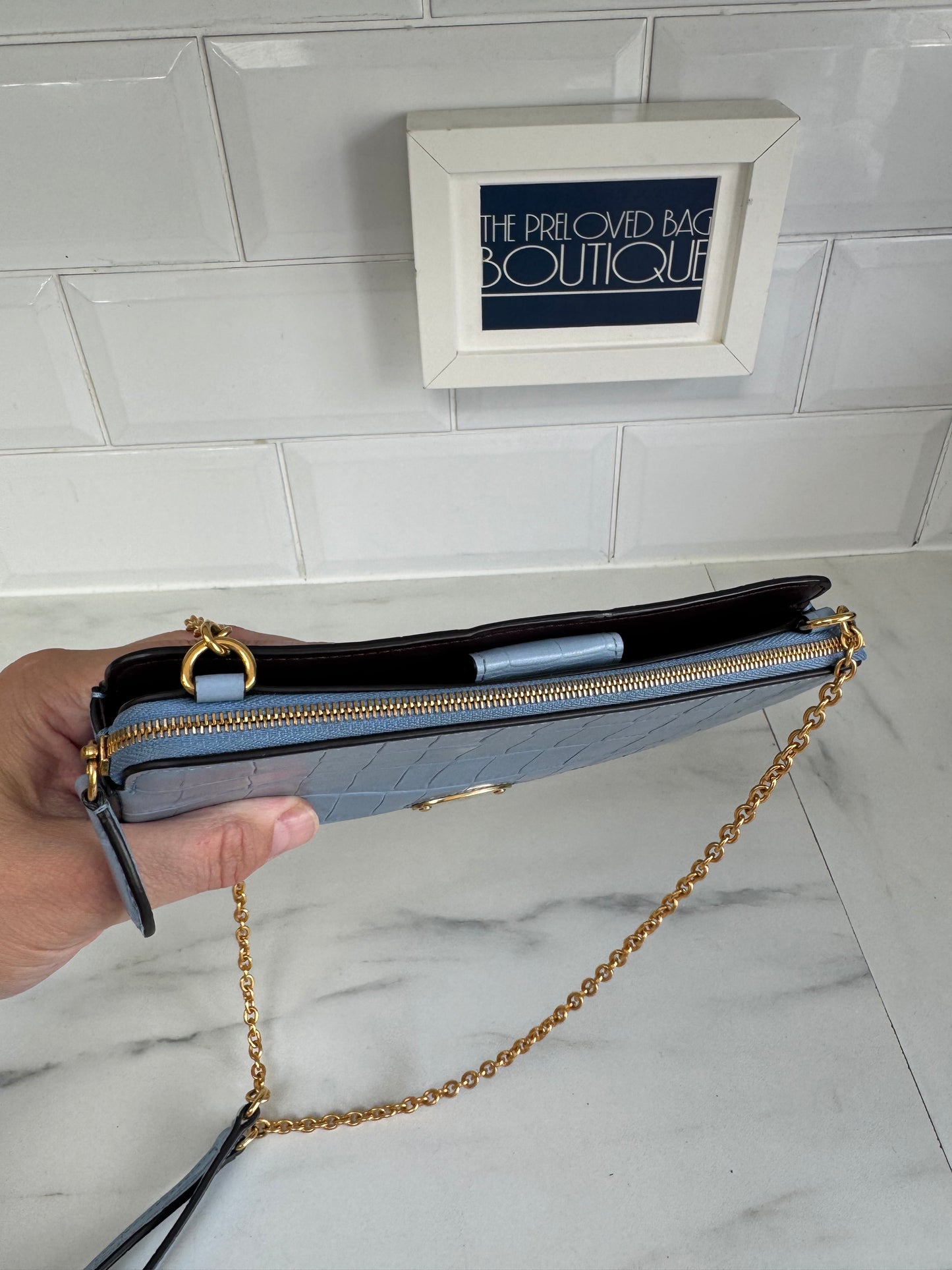 Mulberry Plaque WOC (wallet on a chain) - Cornflower Blue croc embossed