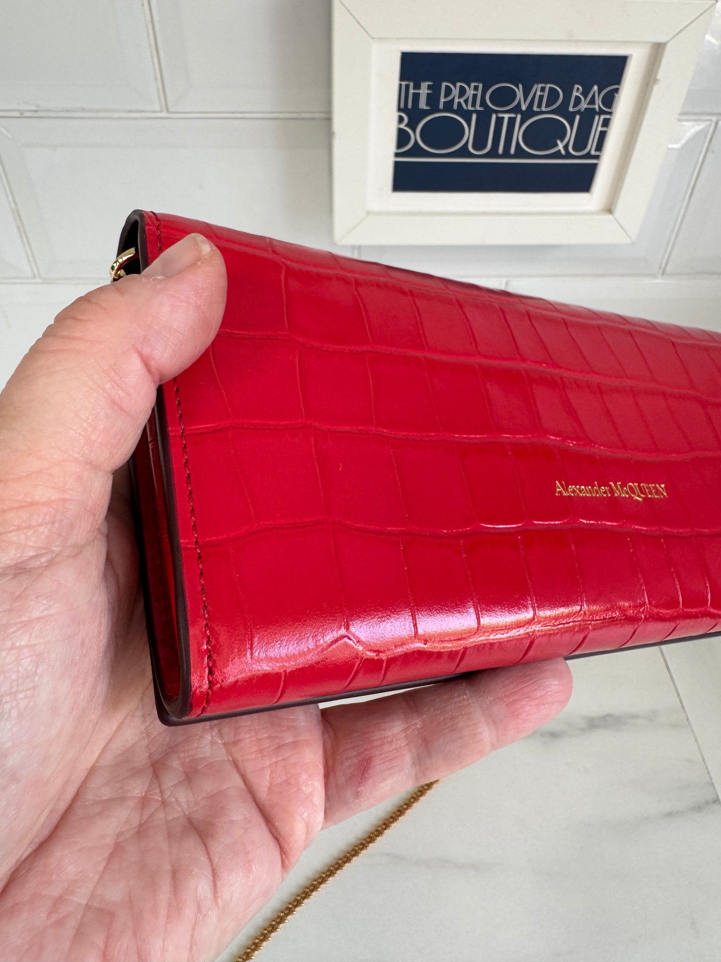 Alexander McQueen Small Skull Croc Embossed WOC - Red