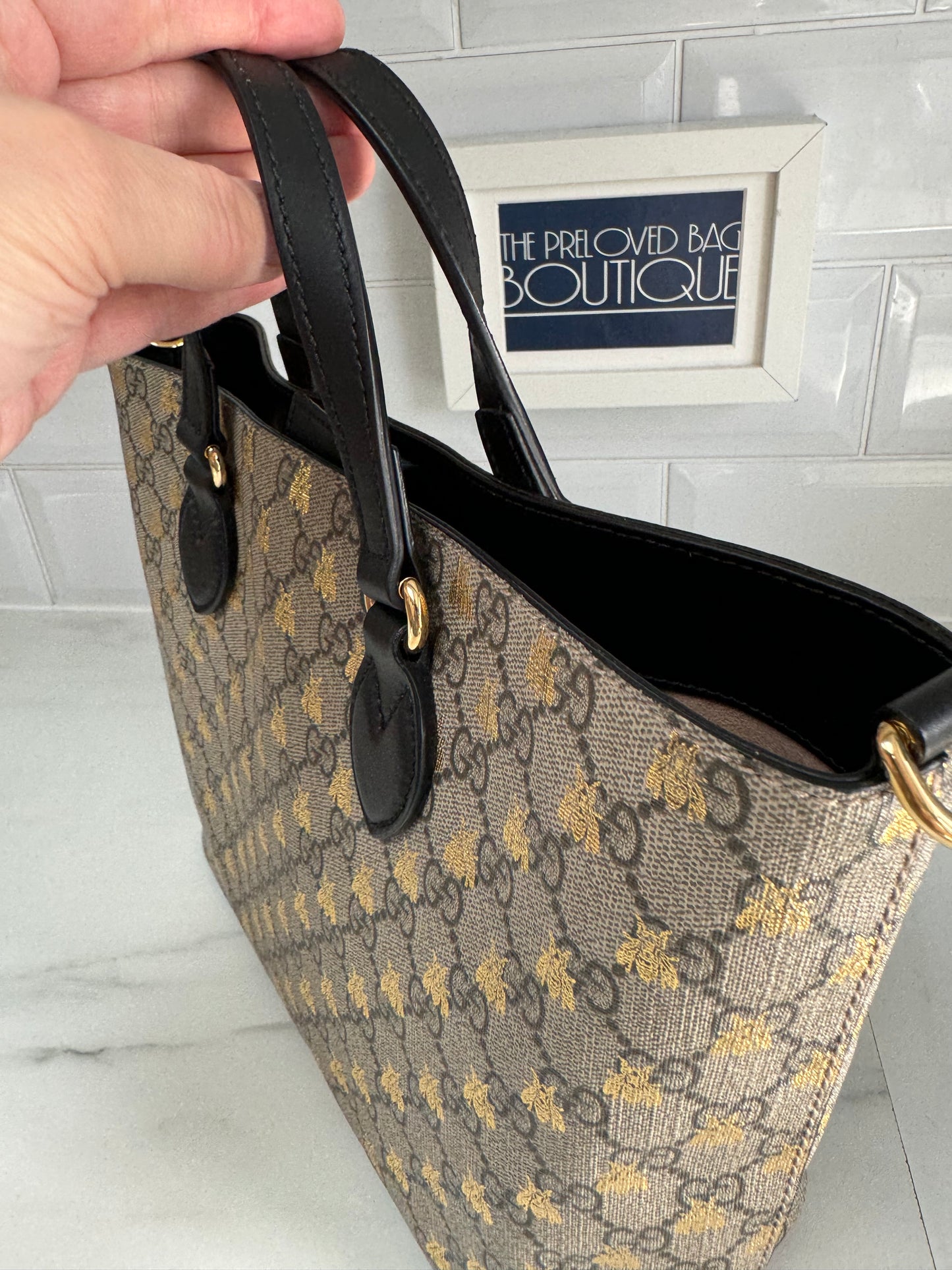 Gucci Limited Edition GGMonogram Supreme Bees Tote - Brown & Gold