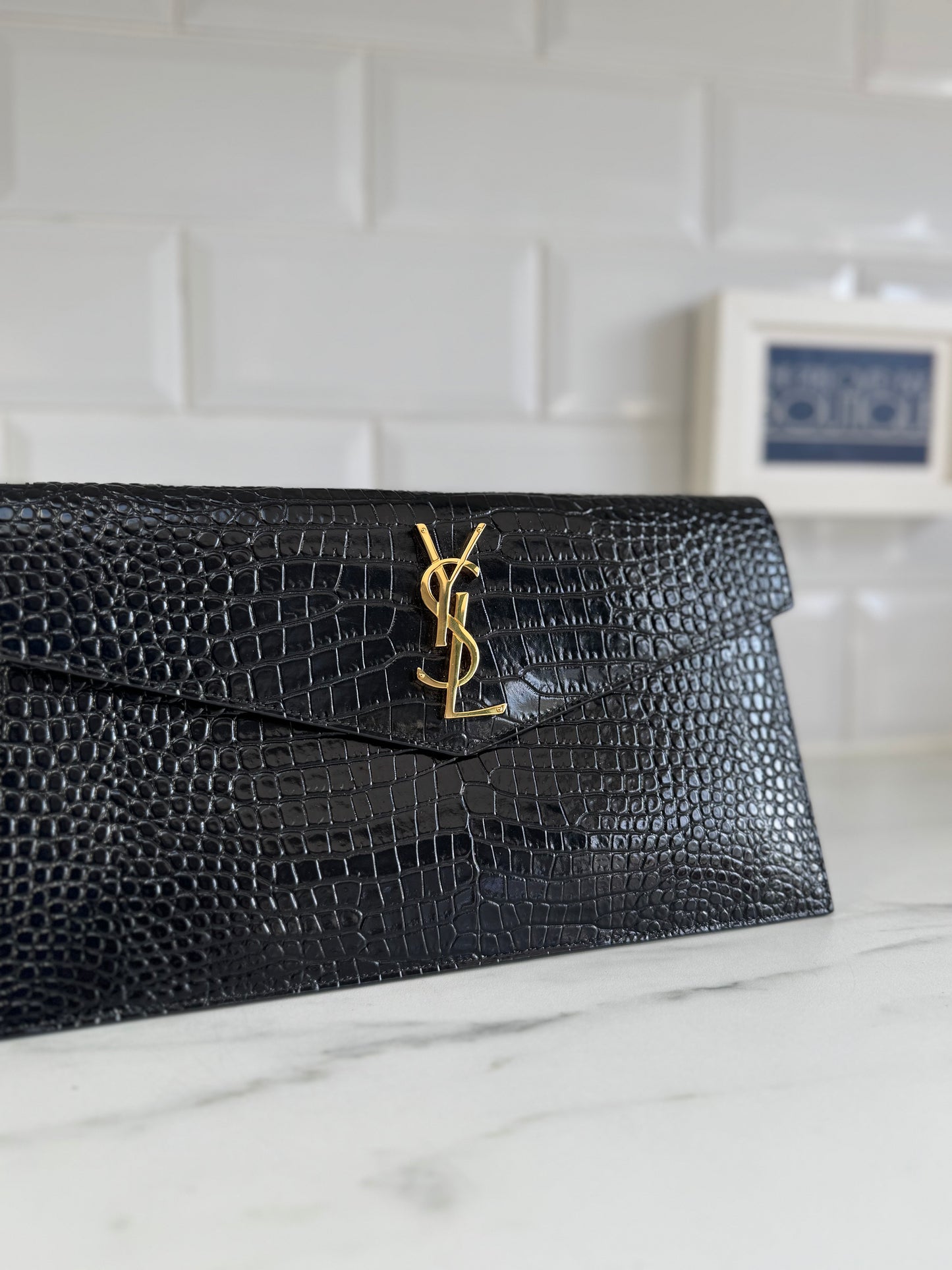Saint Laurent (YSL) Croc Embossed Uptown Envelope Pouch - Black