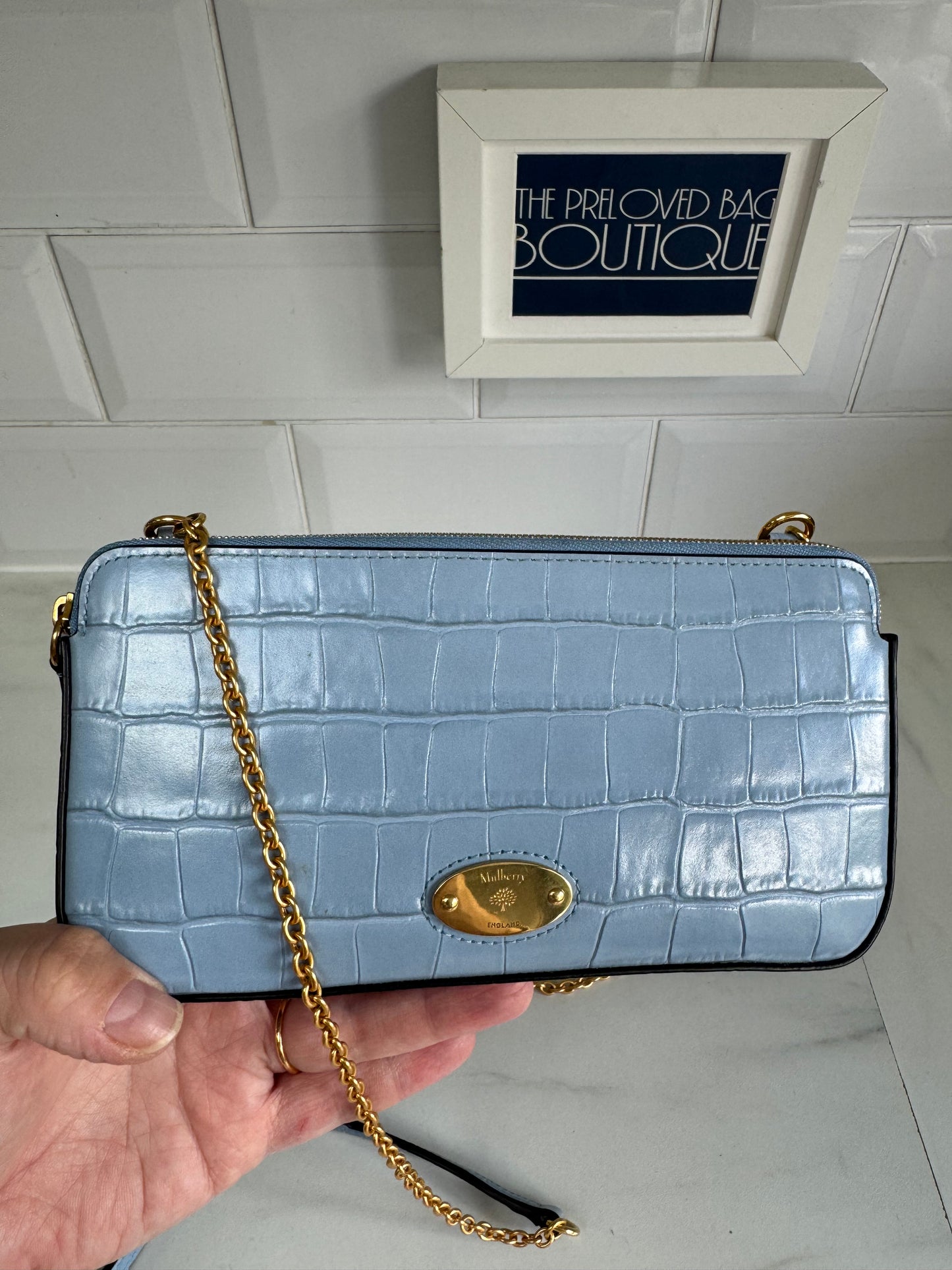 Mulberry Plaque WOC (wallet on a chain) - Cornflower Blue croc embossed