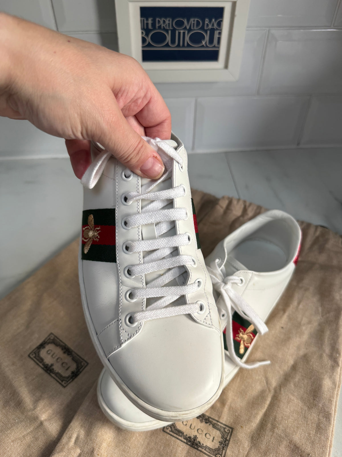 Gucci Ace Bee Trainers - White, Green & Red
