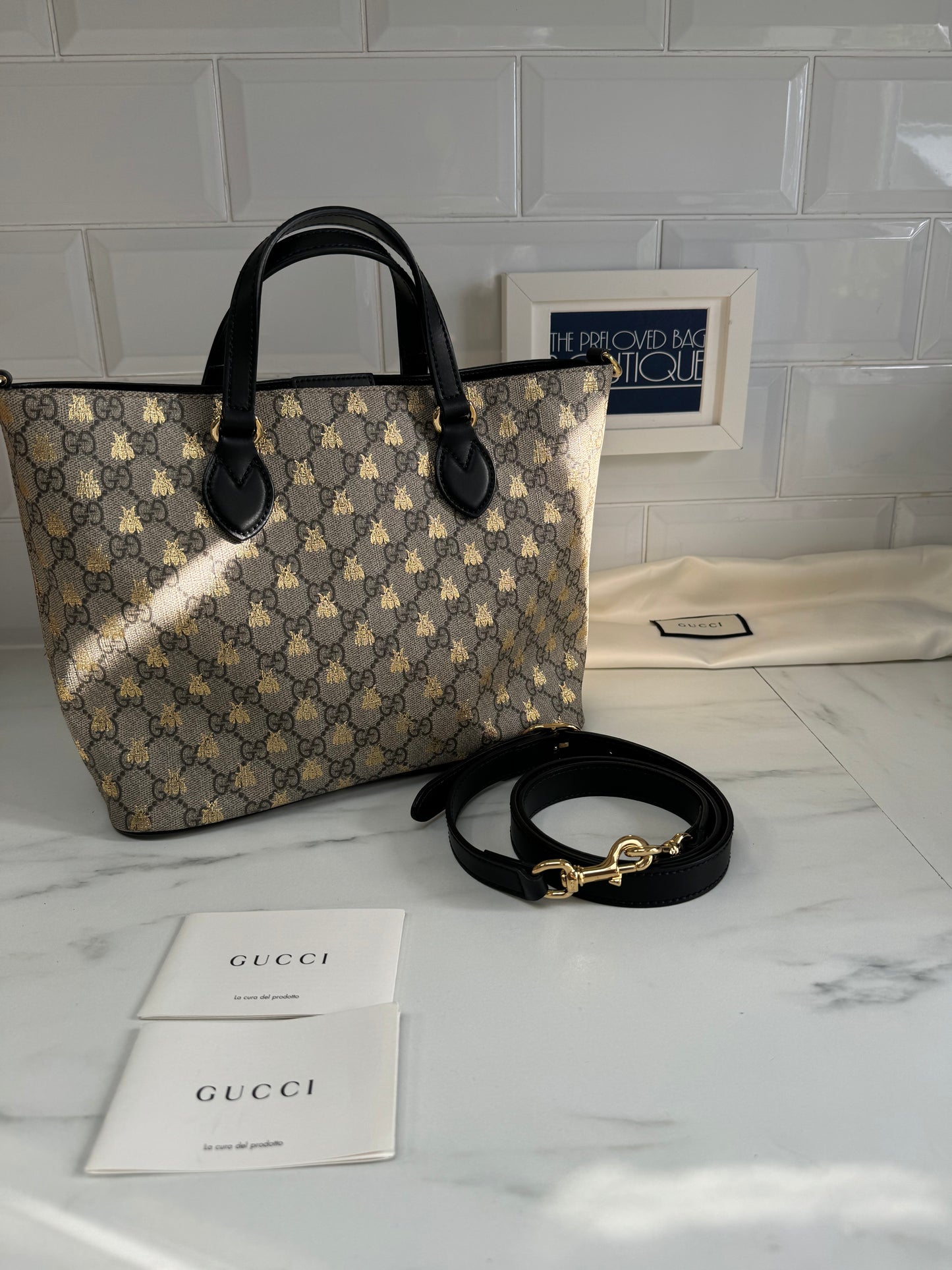 Gucci Limited Edition GGMonogram Supreme Bees Tote - Brown & Gold