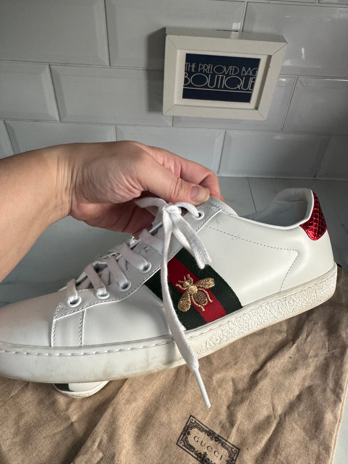 Gucci Ace Bee Trainers - White, Green & Red