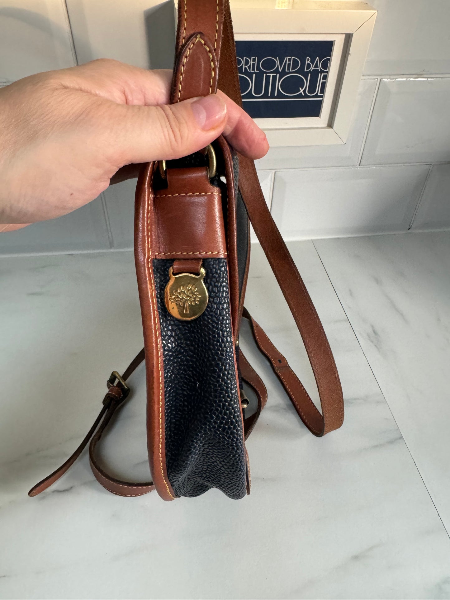 Mulberry Vintage Scotchgrain Saddle Bag - Black & Cognac