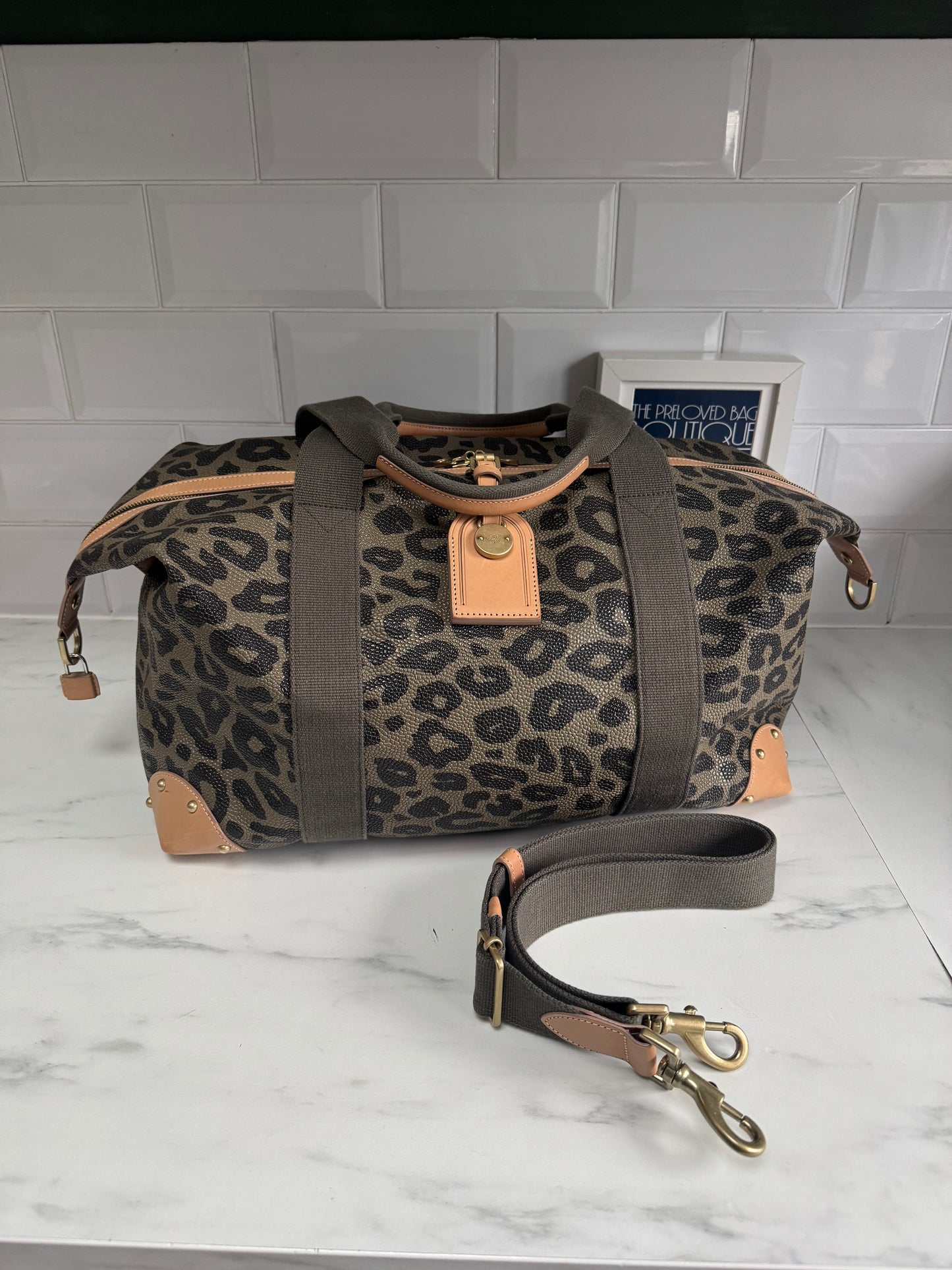 Mulberry Limited Edition Scotchgrain Birds Nest Large Clipper Holdall - Olive Green and Black Leopard Print