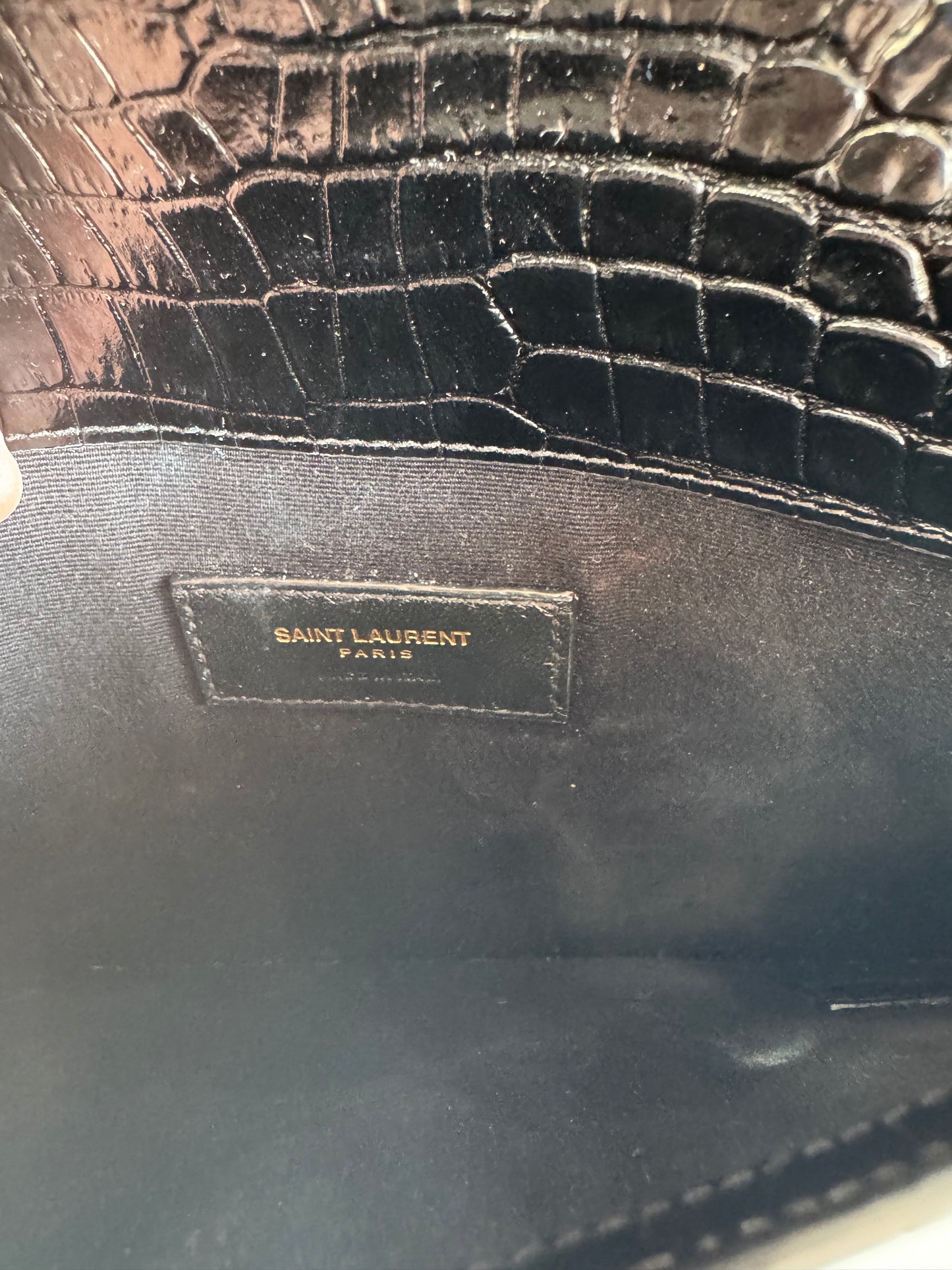 Saint Laurent (YSL) Croc Embossed Uptown Envelope Pouch - Black