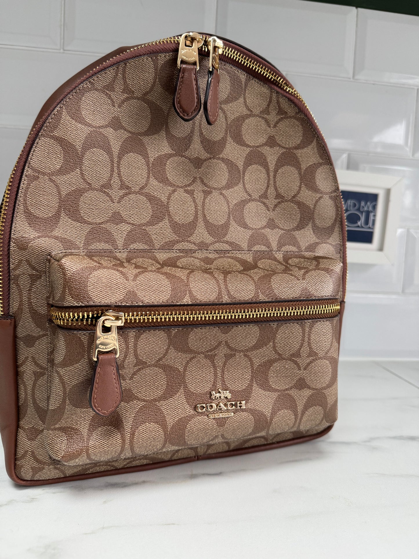 Coach Medium Charlie Backpack Tan Signature Canvas The